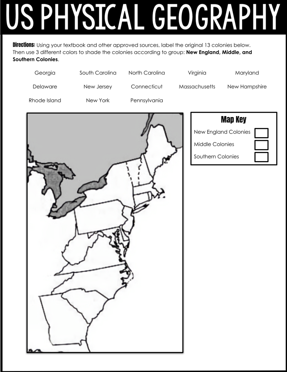 13 Colonies Blank Quiz Printable