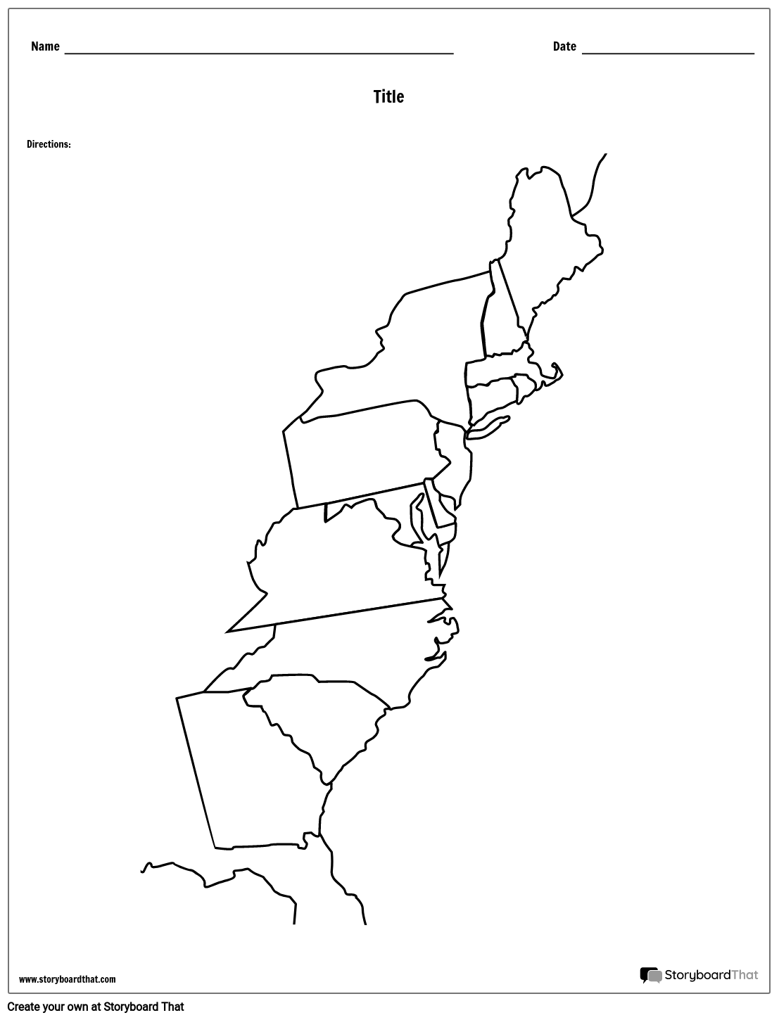 13 Colonies Map Black And White Blank Storyboard
