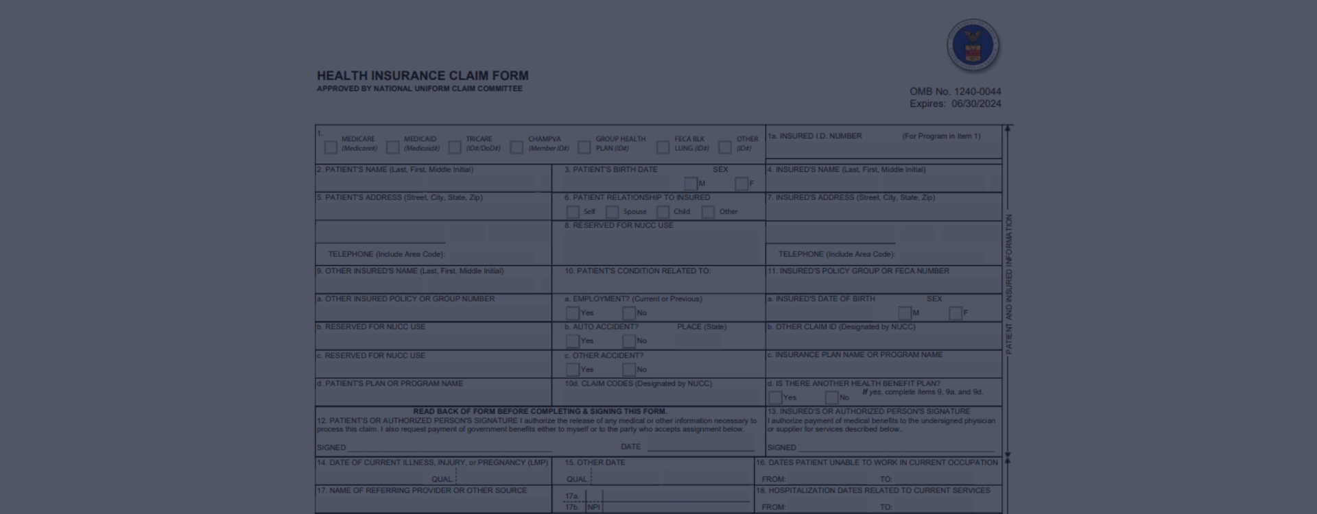 1500 Claim Form CMS 1500 Fillable Form In PDF Free Printable Template HCFA Blank Sample