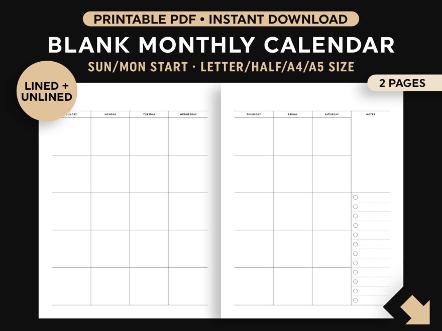 2 Page Blank Monthly Calendar Printable Two Page Month Calendar Lined unlined Instant Digital Download Sunday monday Start Etsy