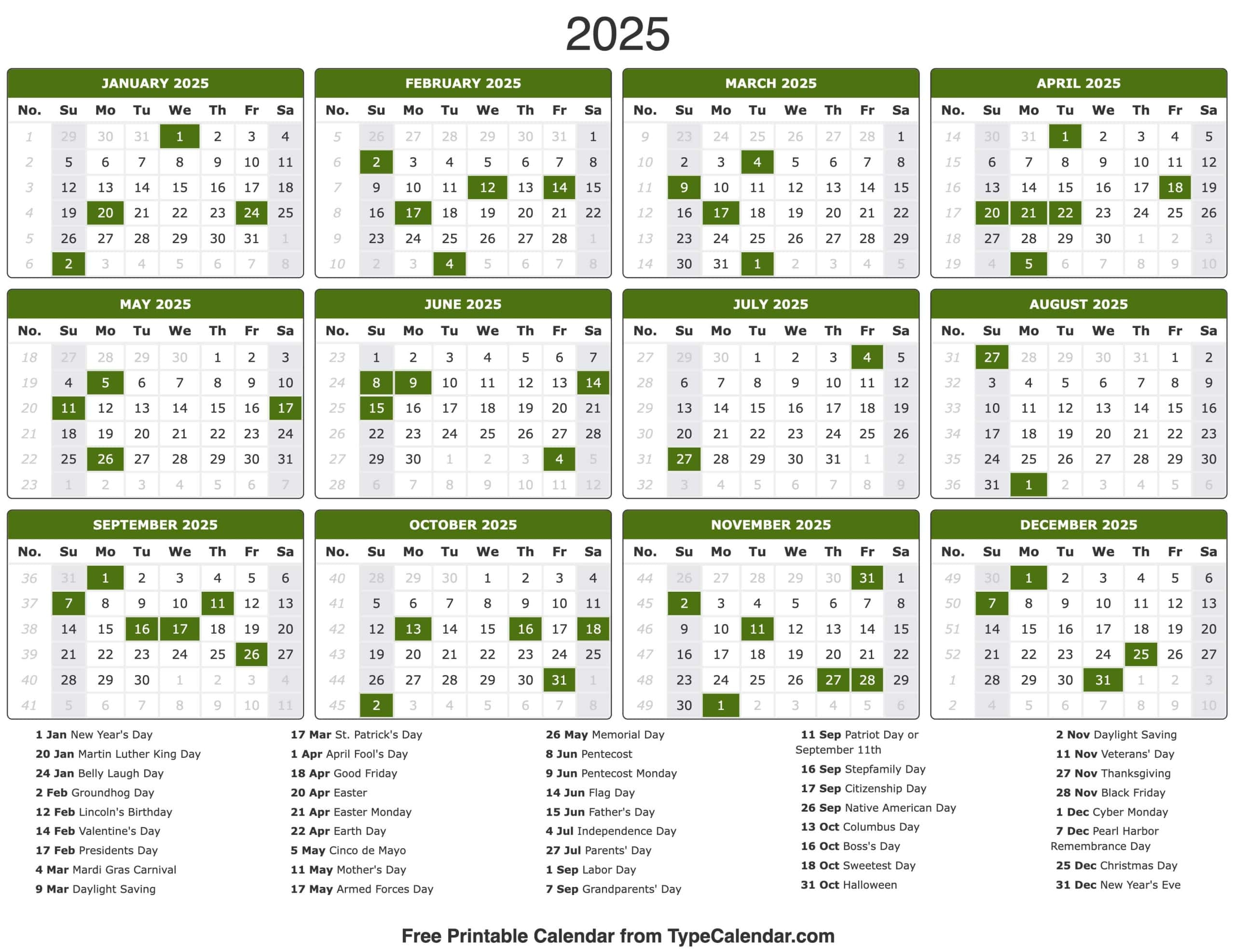 2025 Blank Calendar Printable With Holidays