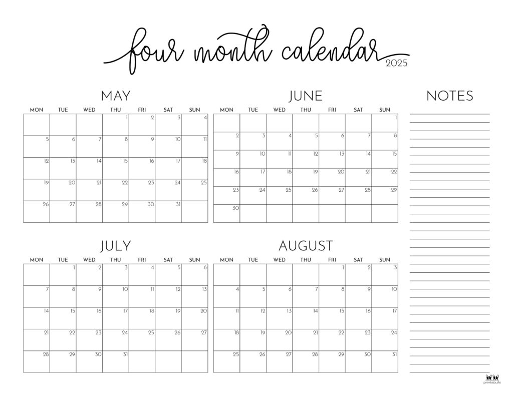 2025 Four Month Calendars 31 FREE Printables Printabulls