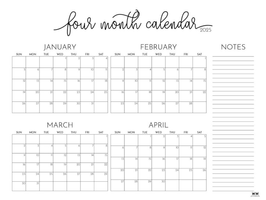 2025 Four Month Calendars 31 FREE Printables Printabulls