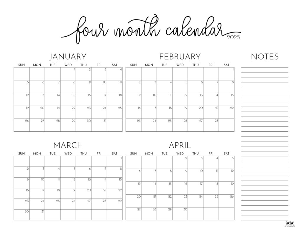 2025 Four Month Calendars 31 FREE Printables Printabulls