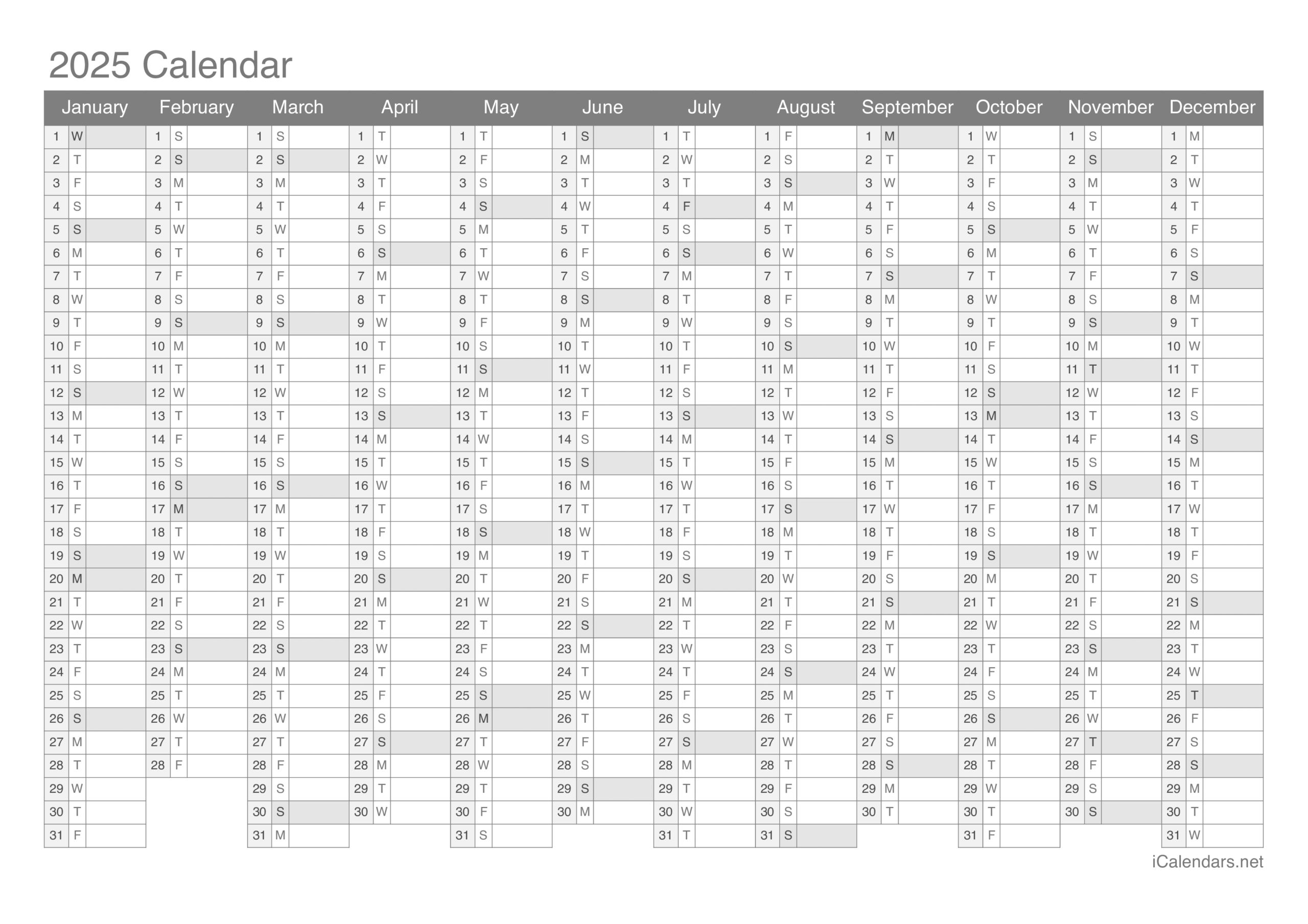 Blank Yearly Calendar 2025