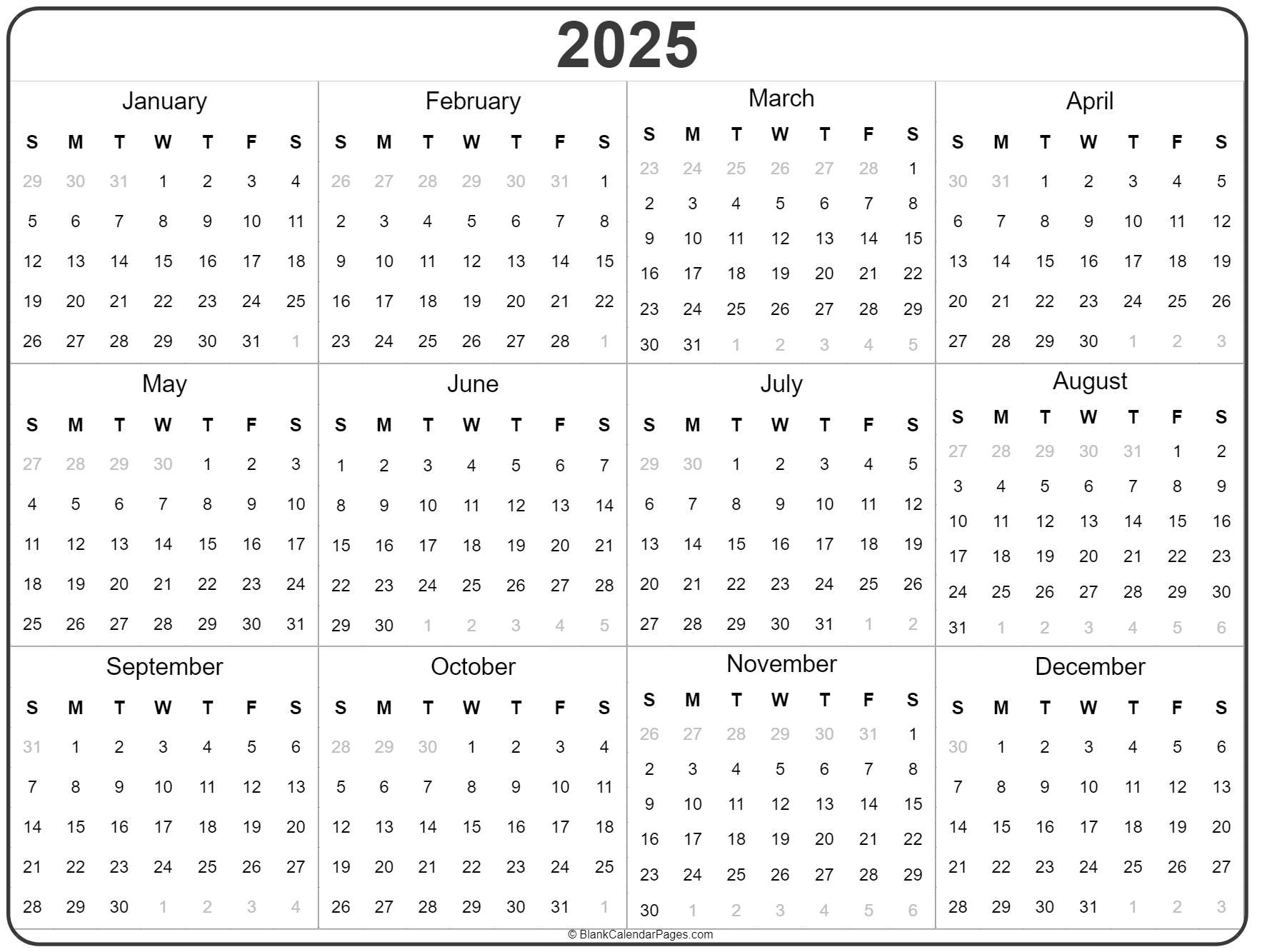 Blank Calendar 2025 Printable