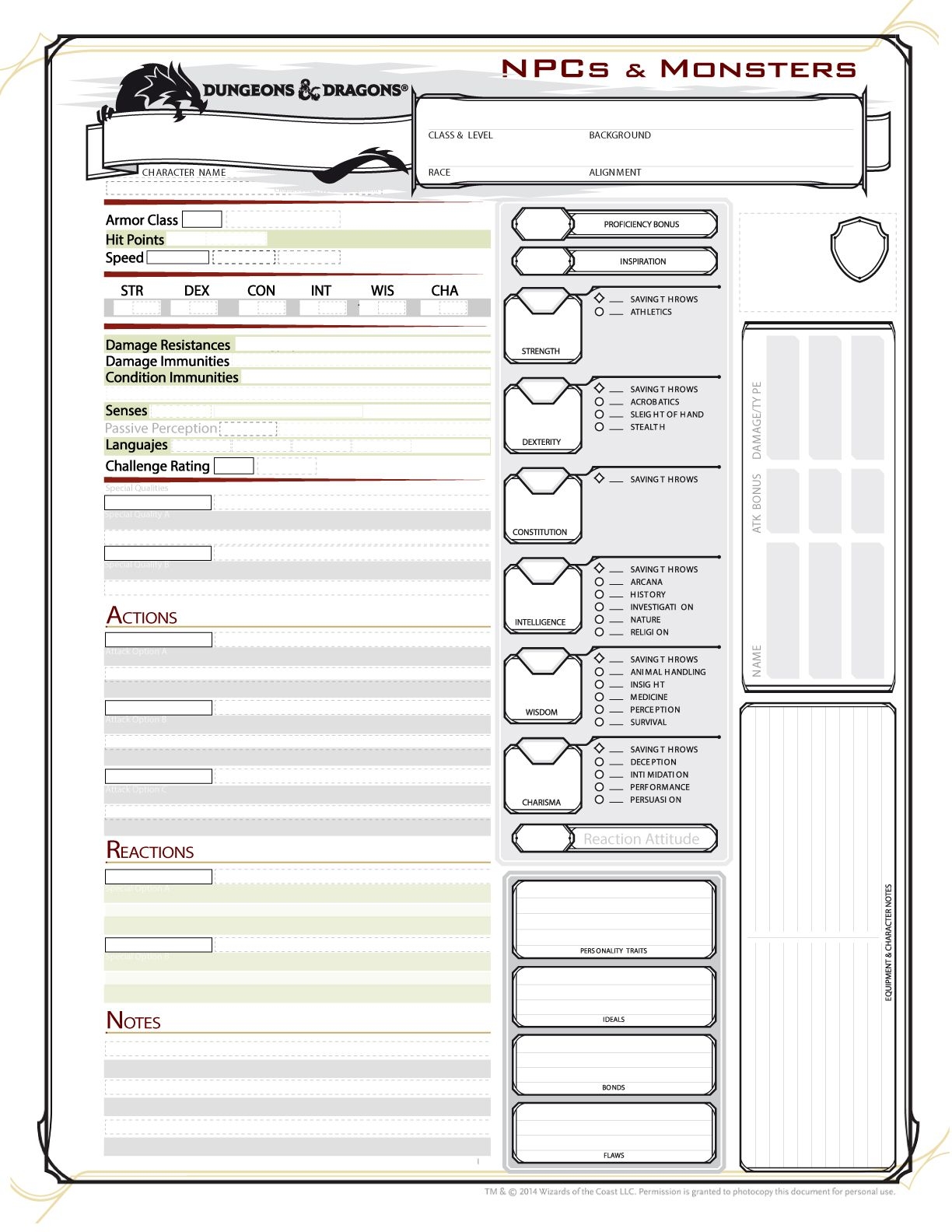 Printable Blank Monster Sheet D&D