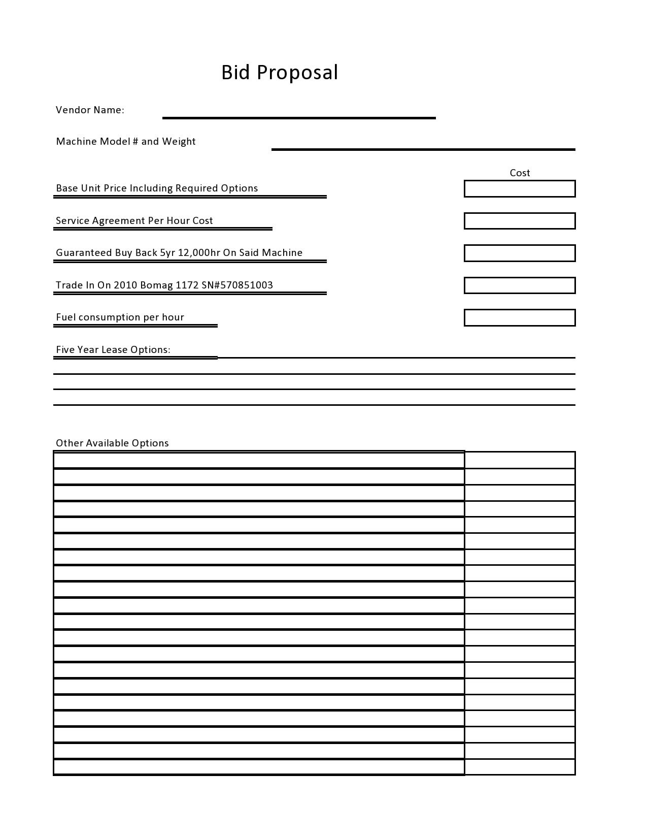 Printable Blank Bid Proposal Forms