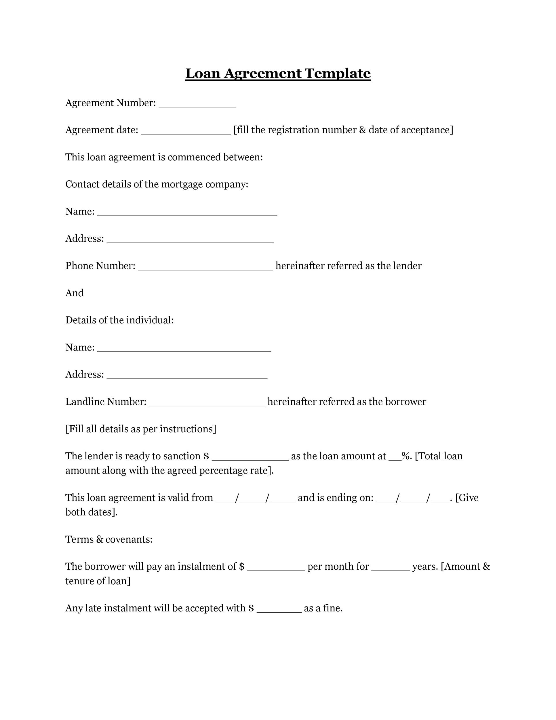 Free Printable Blank Loan Agreement