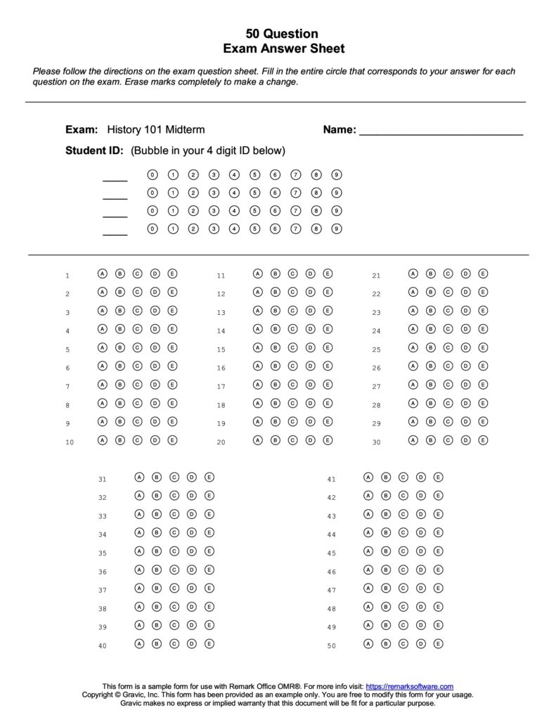50 Question Test Answer Sheet Remark Software