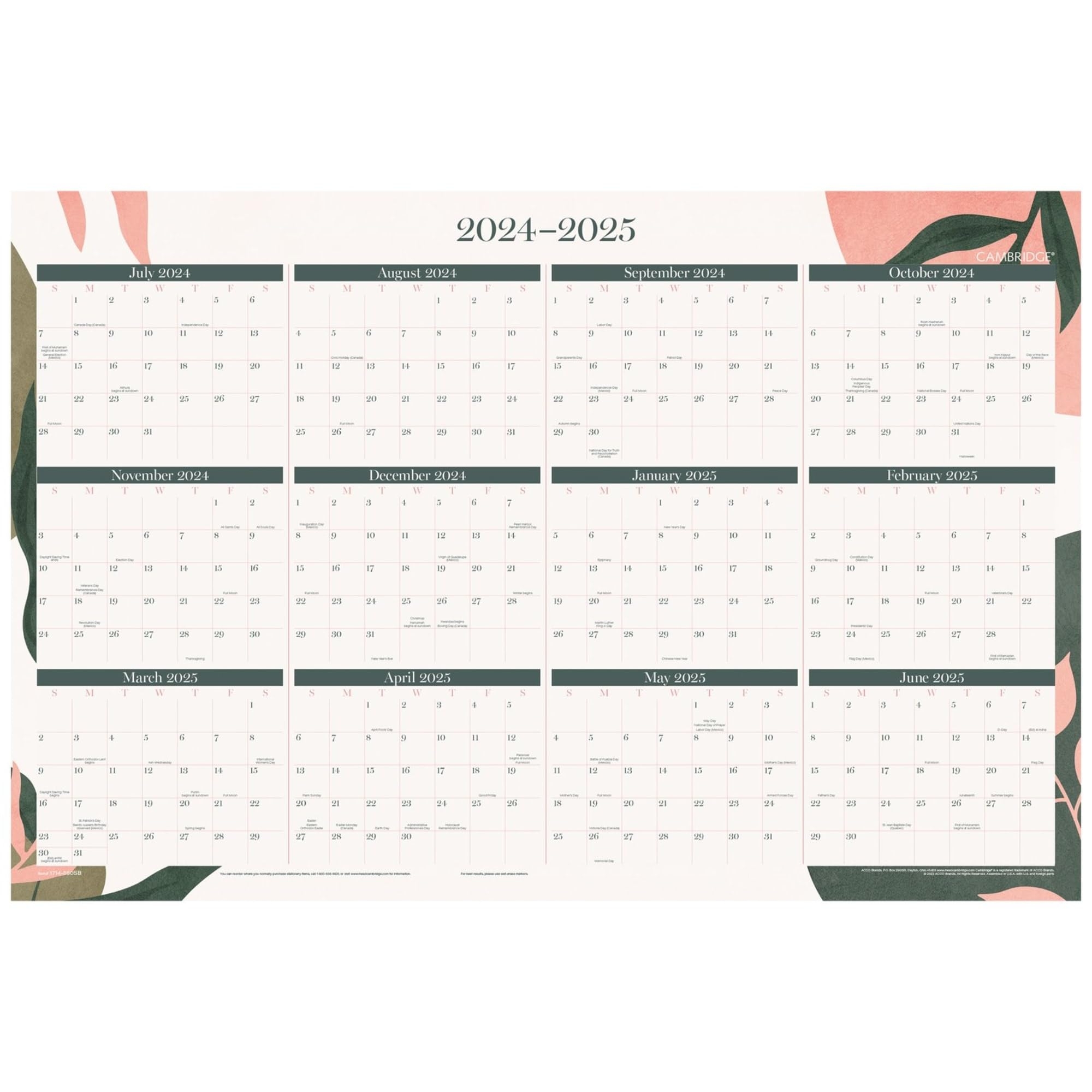 Amazon 2024 2025 Cambridge Haven Reversible Academic Year Regular Year Erasable Wall Calendar 24 X 36 Floral July To June Office Products