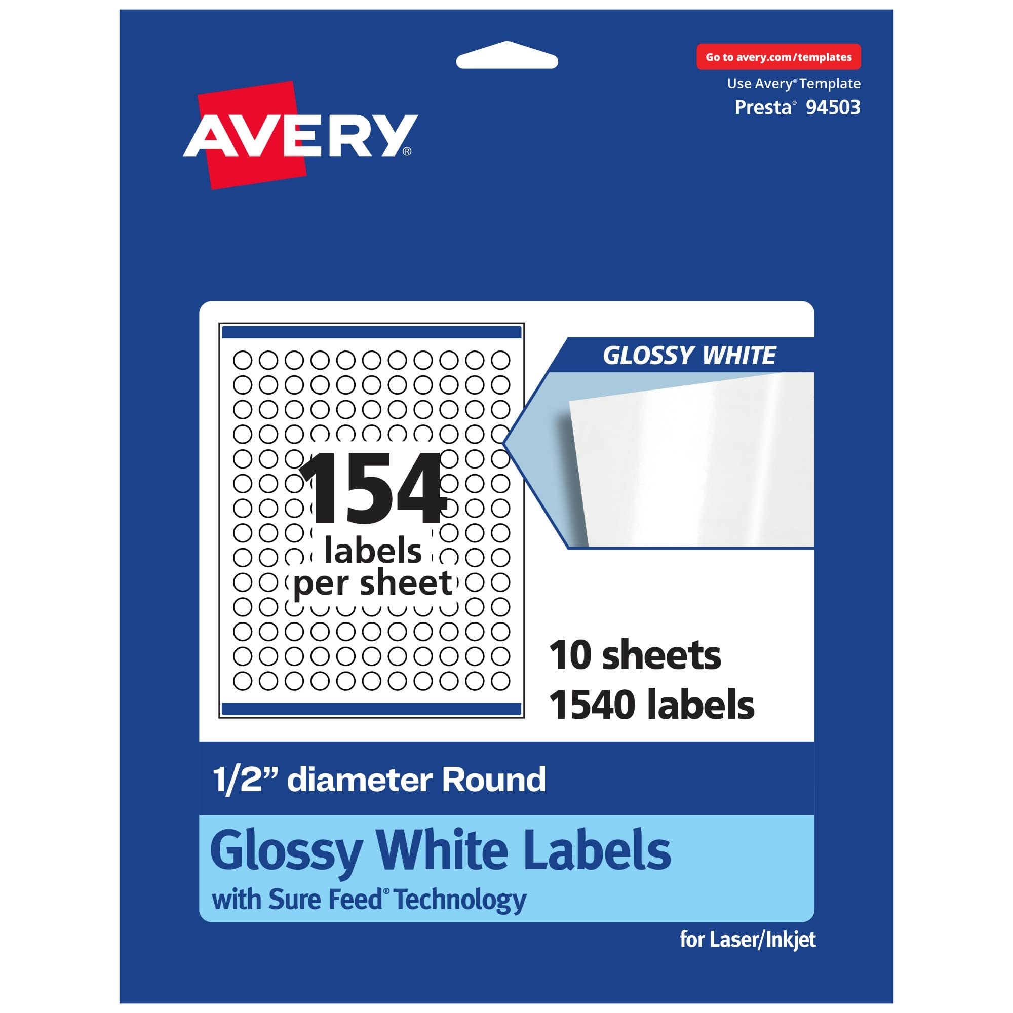 Amazon Avery Glossy White Round Labels 1 540 Labels 1 2 Diameter Print to The Edge Permanent Adhesive Laser Inkjet Printable Office Products