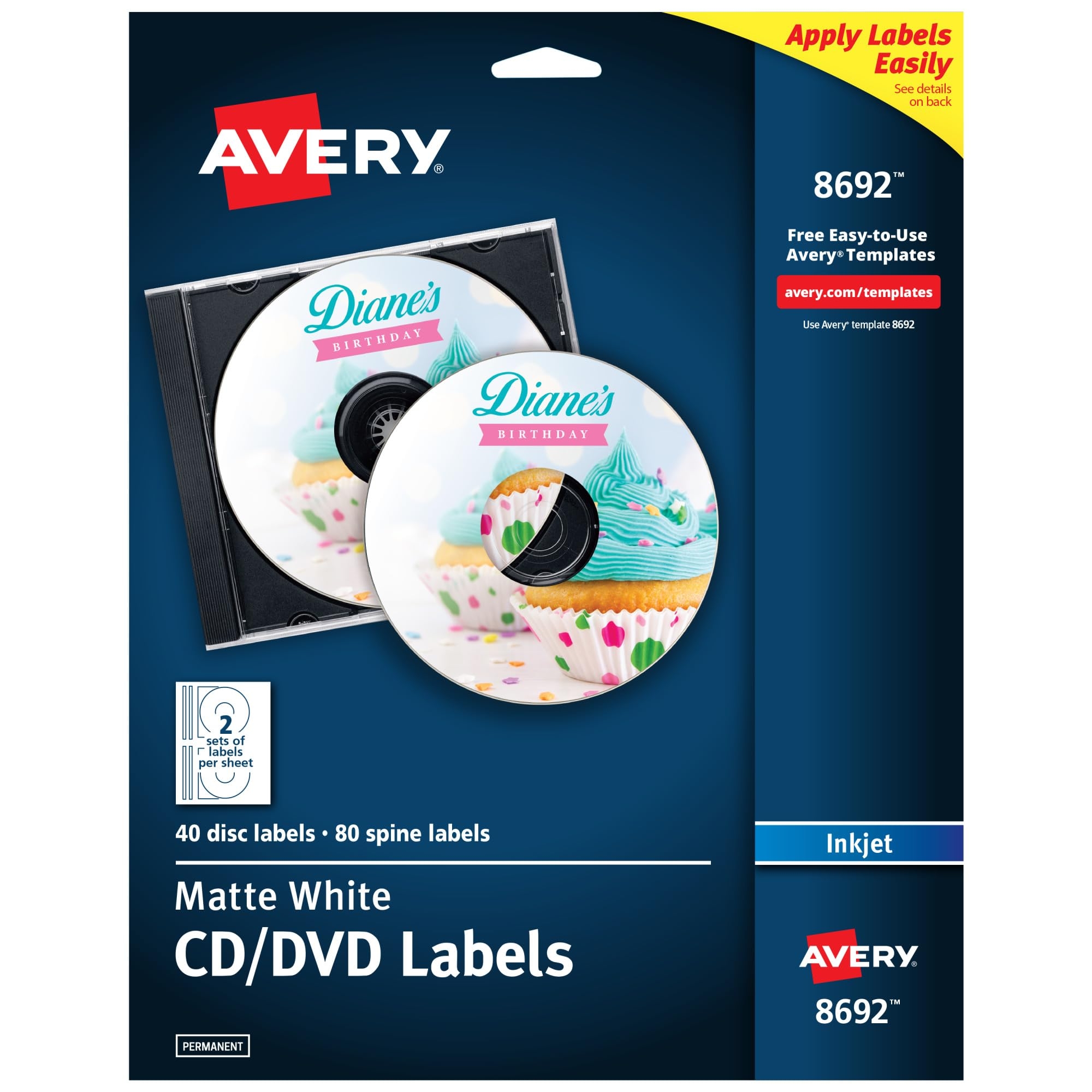 Amazon Avery Printable CD Labels Matte White Permanent Adhesive Inkjet Printers 40 Blank CD Labels 80 Spine Labels Great For CD Labels DVD Labels PC Disc Labels And More 8692 