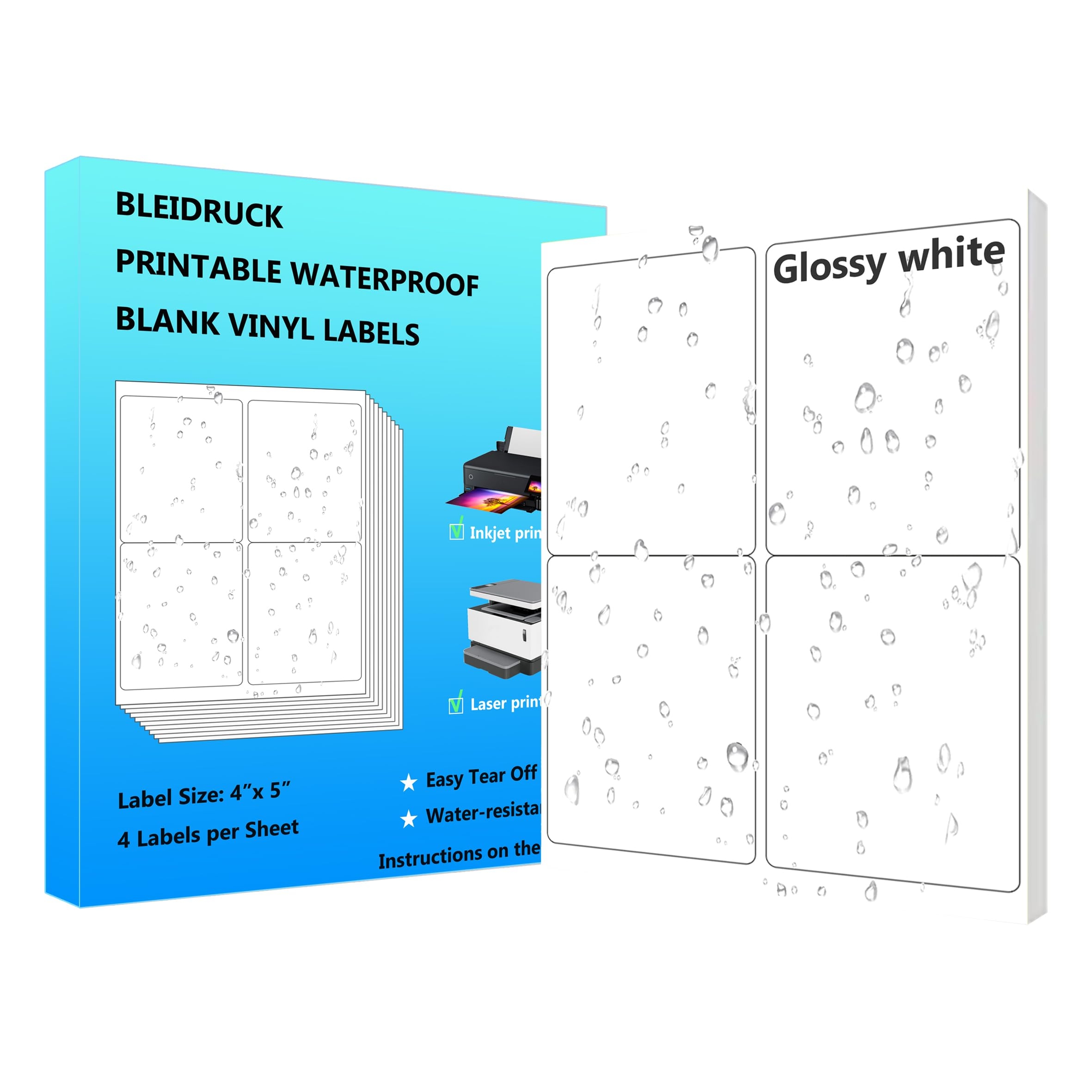 Amazon Glossy White Waterproof Sticker Shipping Labels 4 X 5 4 Up Vinyl Address Lalebs For Laser Or Inkjet Printers 20 Sheets 80 Total Permanent Adhesive Labels Office Products