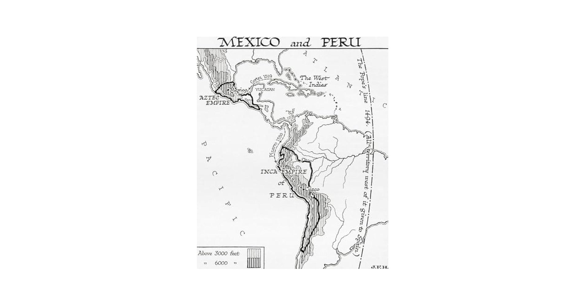 Amazon Map Of Mexico And Peru Showing The Aztec Empire And The Inca Empire Also Shown Is The Black Line Down The Right Hand Side Of The Map Denoting The Treaty Of