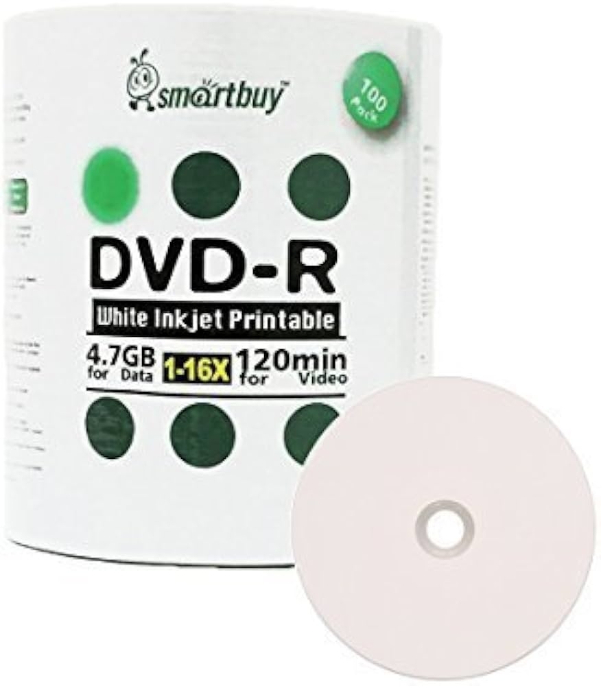 Amazon Smart Buy 100 Pack DVD R 4 7gb 16x White Printable Inkjet Blank Media Record Disc 100 Disc 100pk Electronics