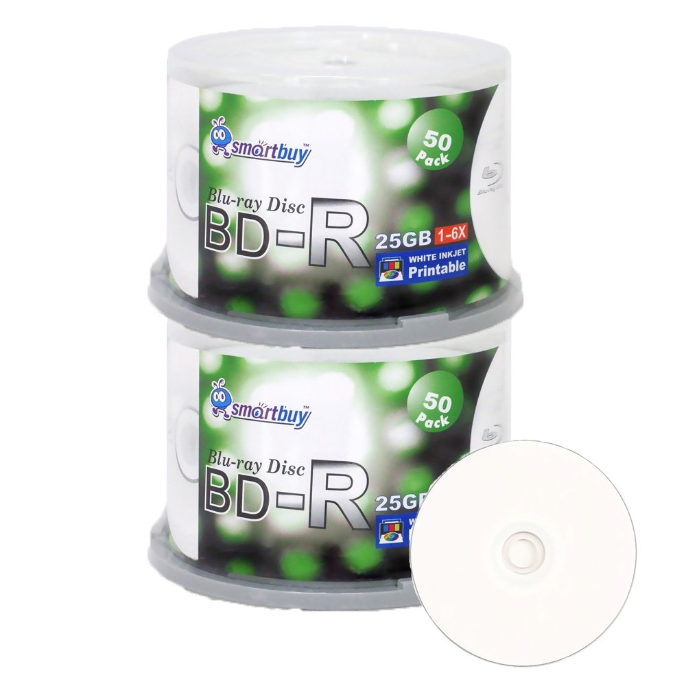 Amazon Smartbuy 100 Pack Bd r 25gb 6X Blu ray Single Layer Recordable Disc Printable White Inkjet Blank Data Video Media 100 Disc Spindle Electronics