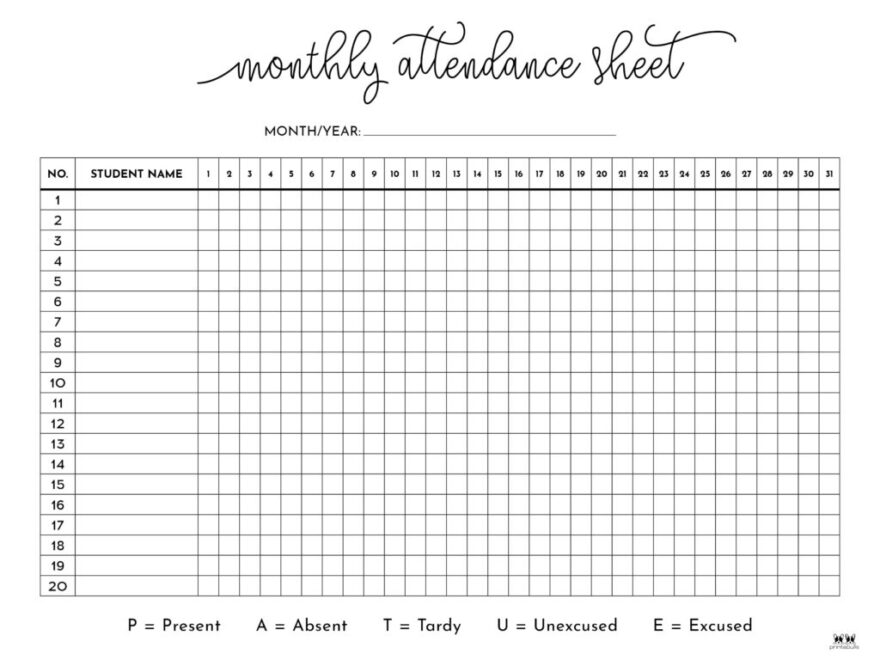 Attendance Sheets 52 FREE Printables Printabulls
