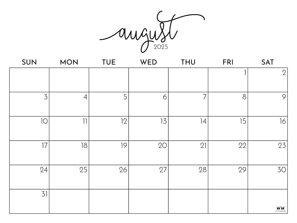 August 2025 Calendars 107 FREE Printables Printabulls