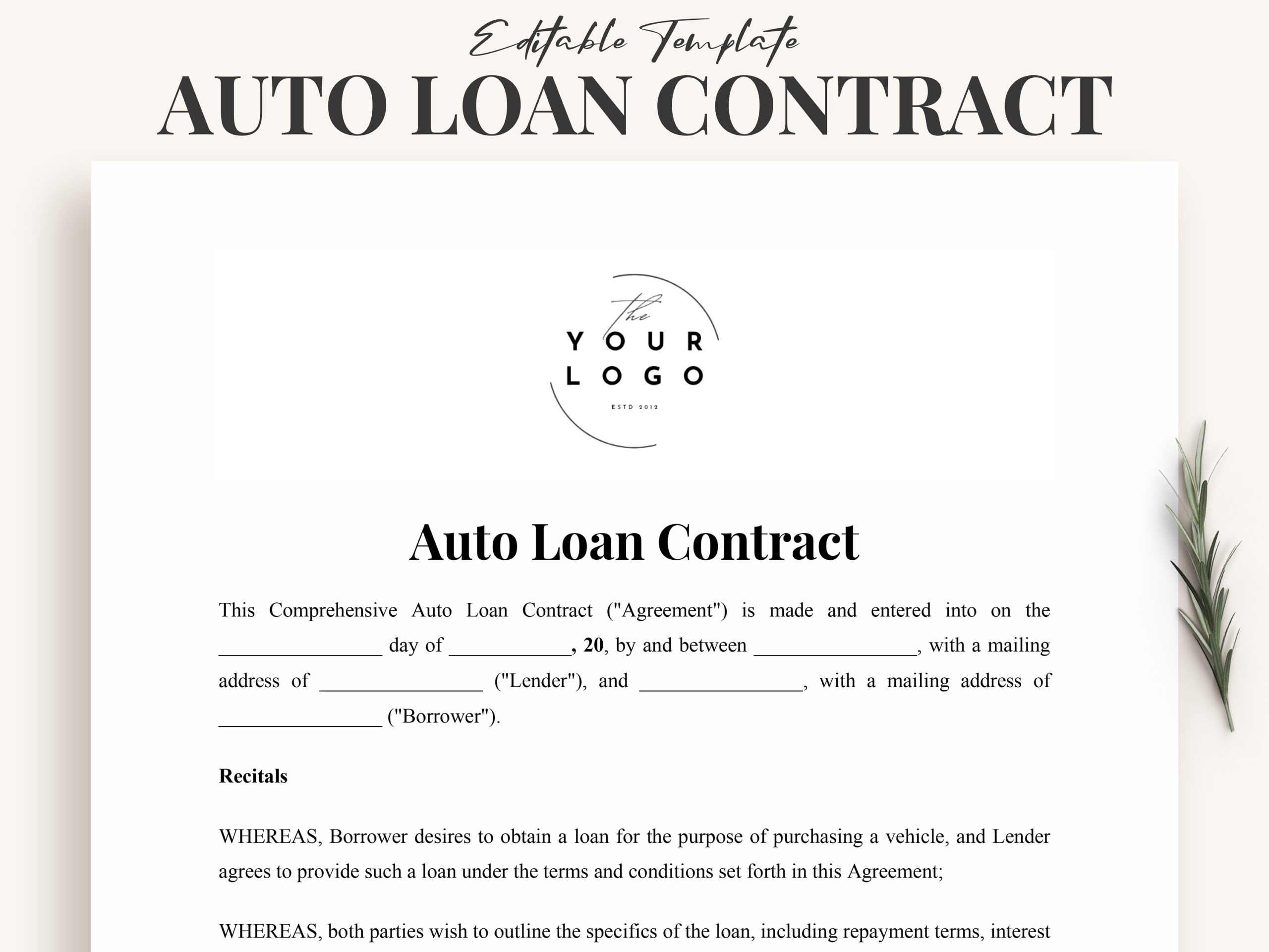 Auto Loan Contract Template Comprehensive Auto Finance Plan Template Customizable Car Payment Agreement For Personal Dealership Sales Etsy