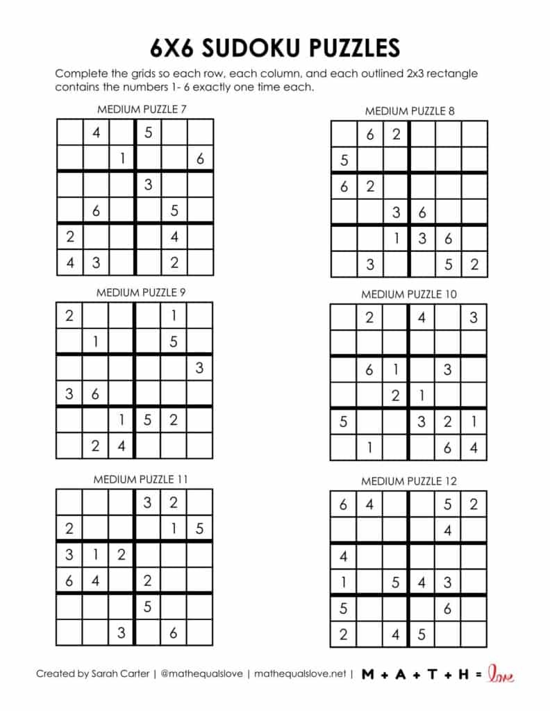 Beginner Sudoku 6x6 Printable Puzzles PDF 