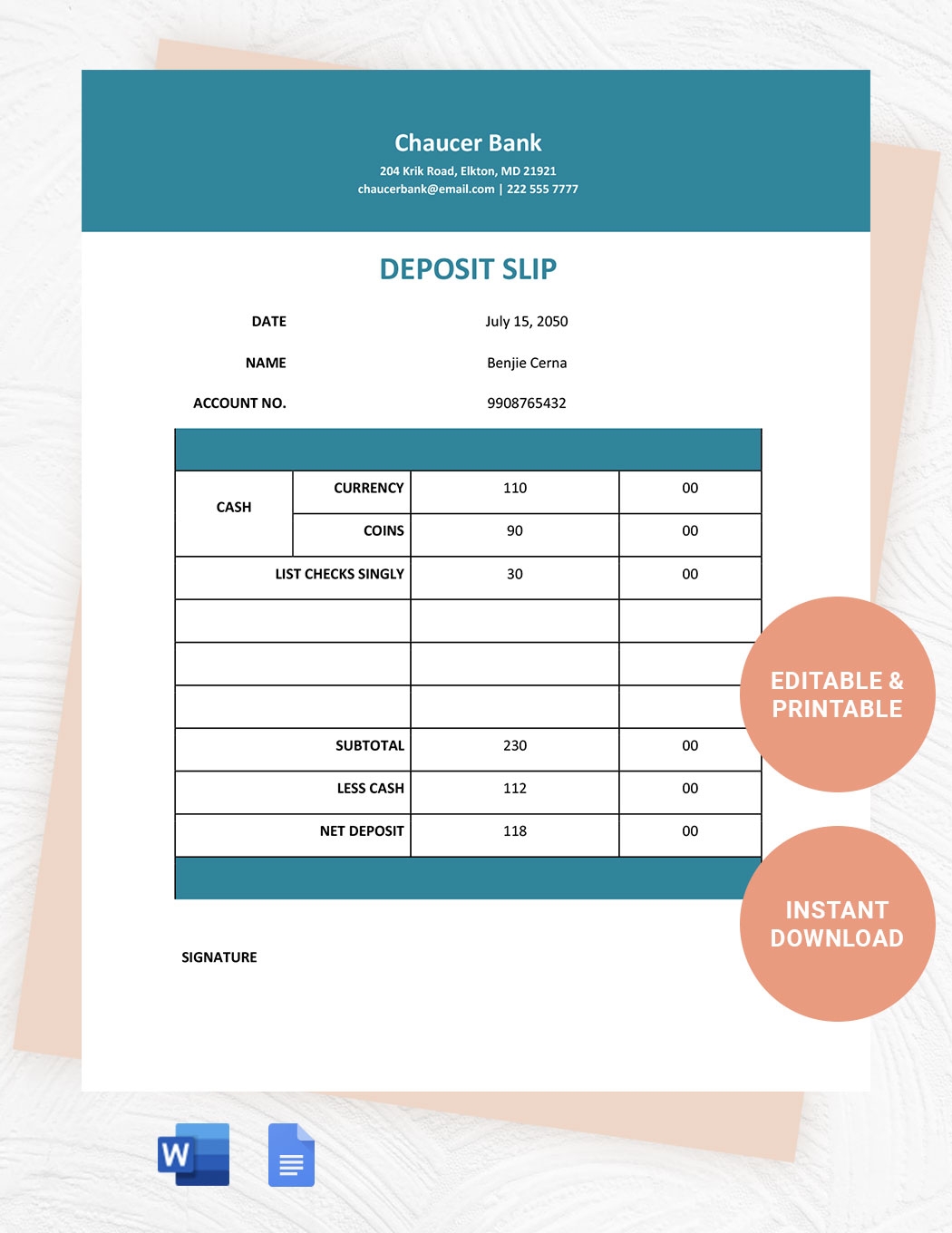 Printable Blank Deposit Slips Generic