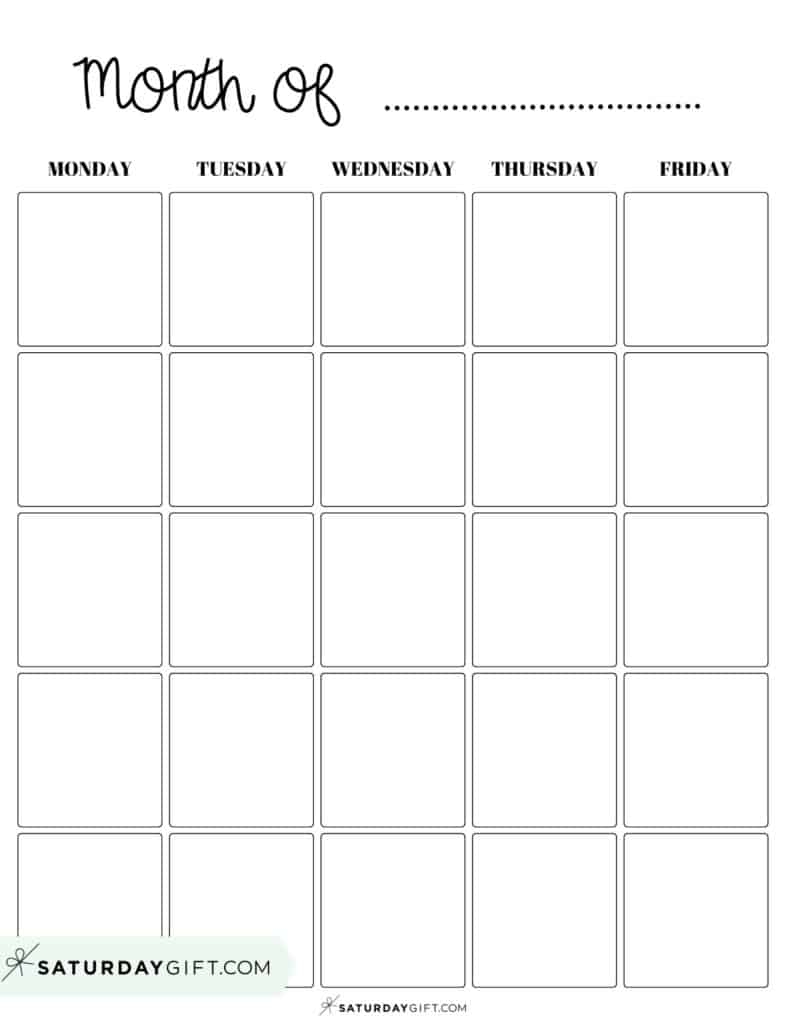 Blank Calendar Templates 29 Cute Free Printables SaturdayGift