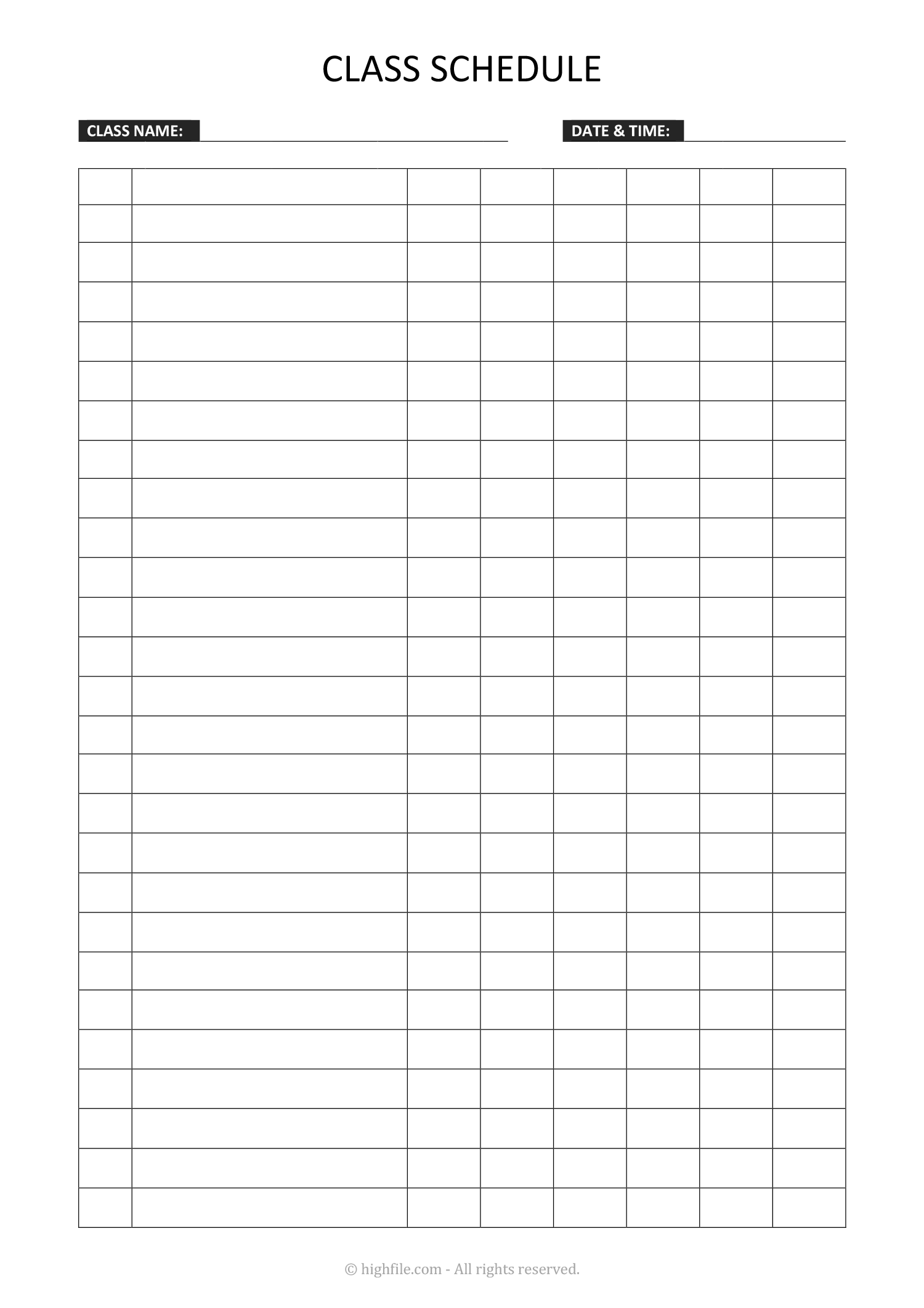 Blank Class Schedule Template Word PDF Highfile