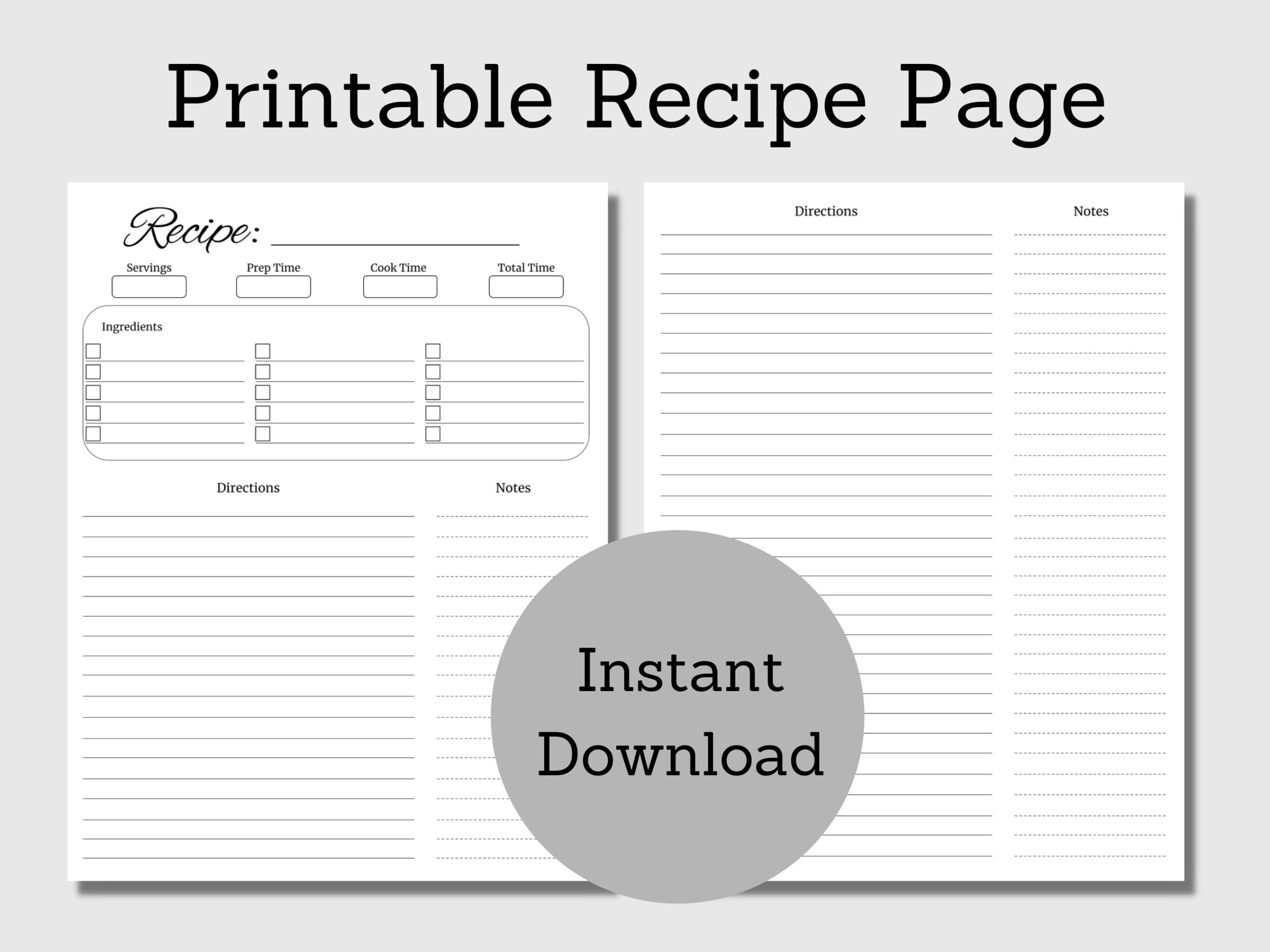 Blank Recipe Page Recipe Card Recipe Template Etsy