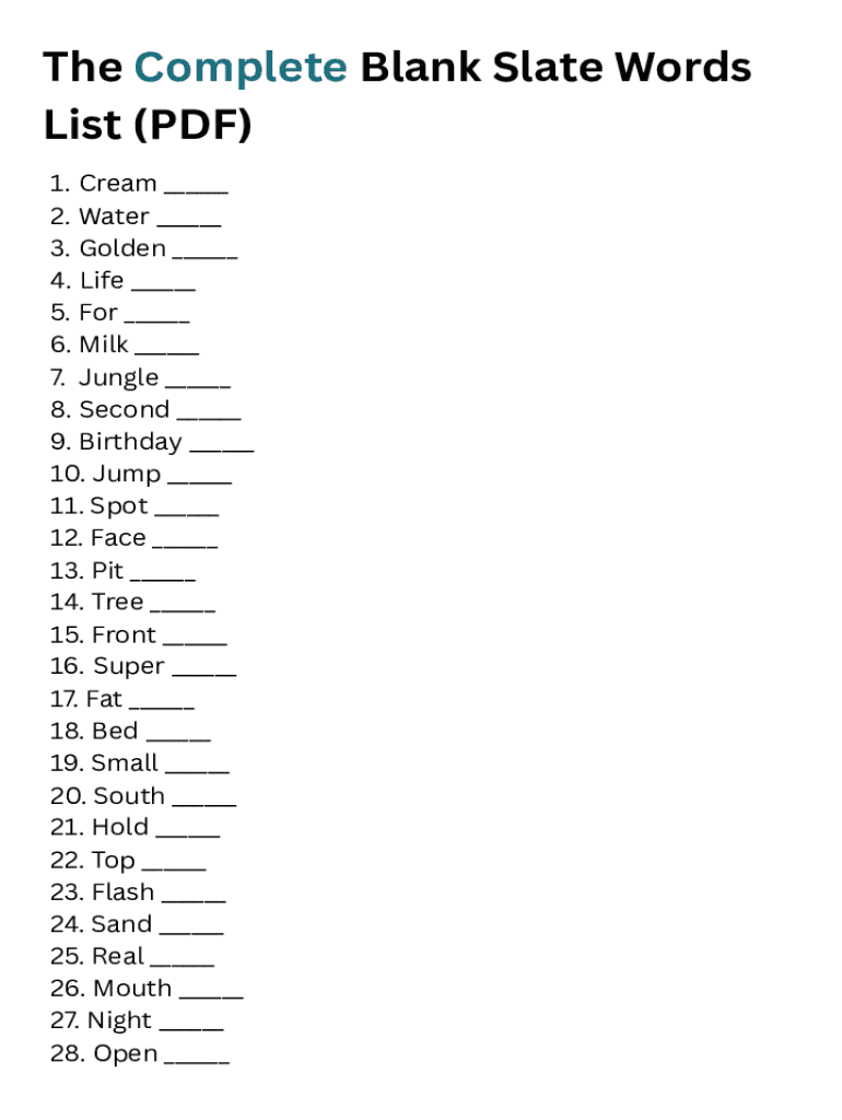 Blank Slate Game Words List Fill Online Printable Fillable Blank PdfFiller