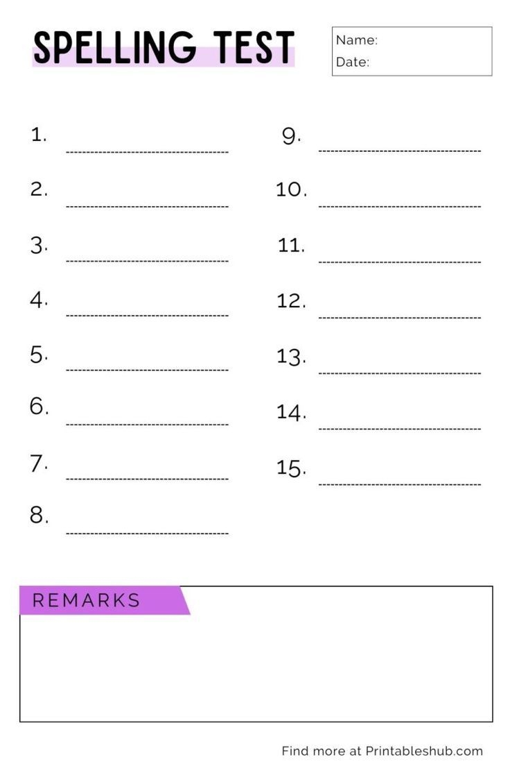 Blank Spelling Test Templates 15 Words PDF