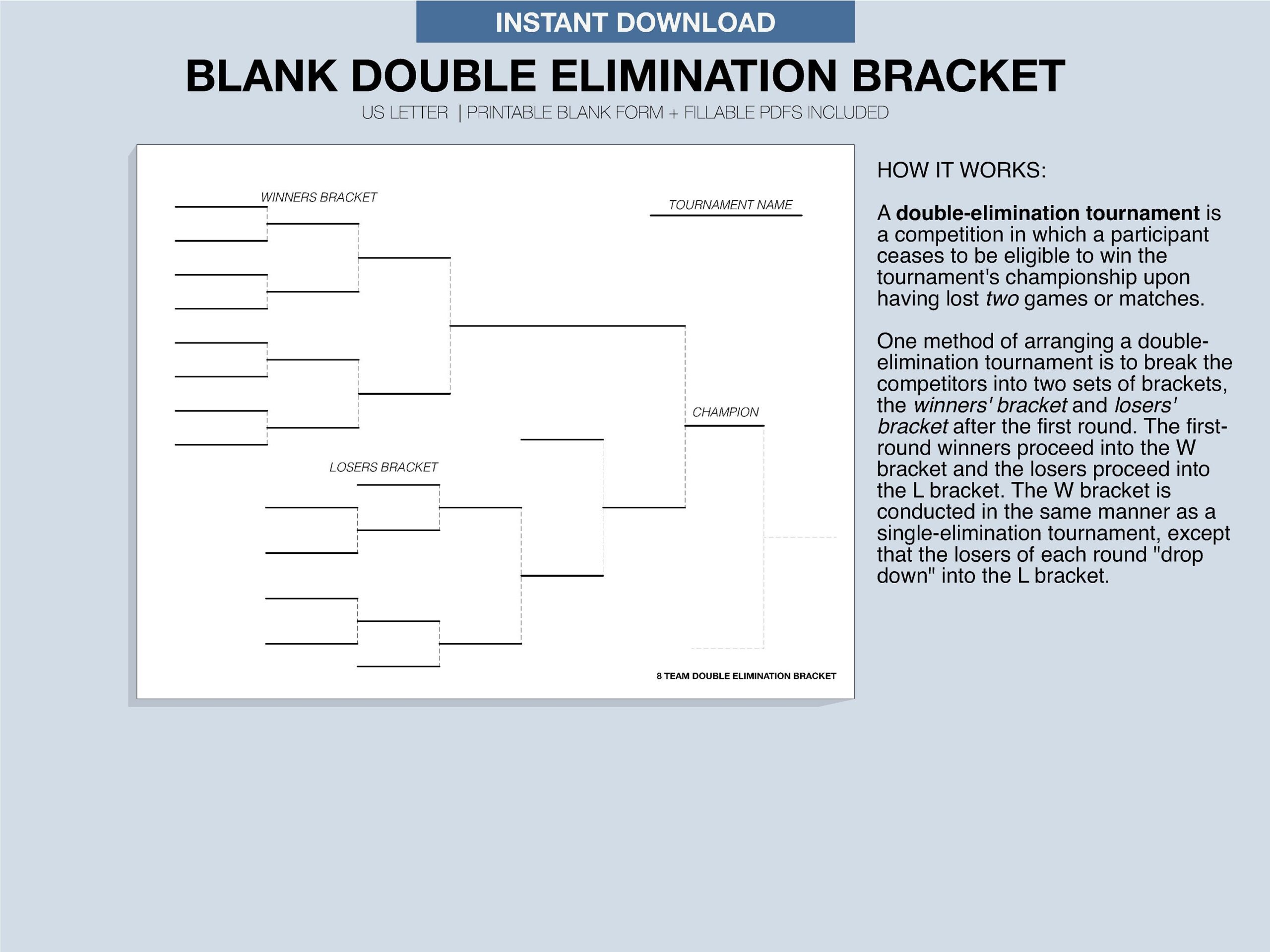 Blank Tournament Bracket Printable Fillable PDF Double Elimination Etsy