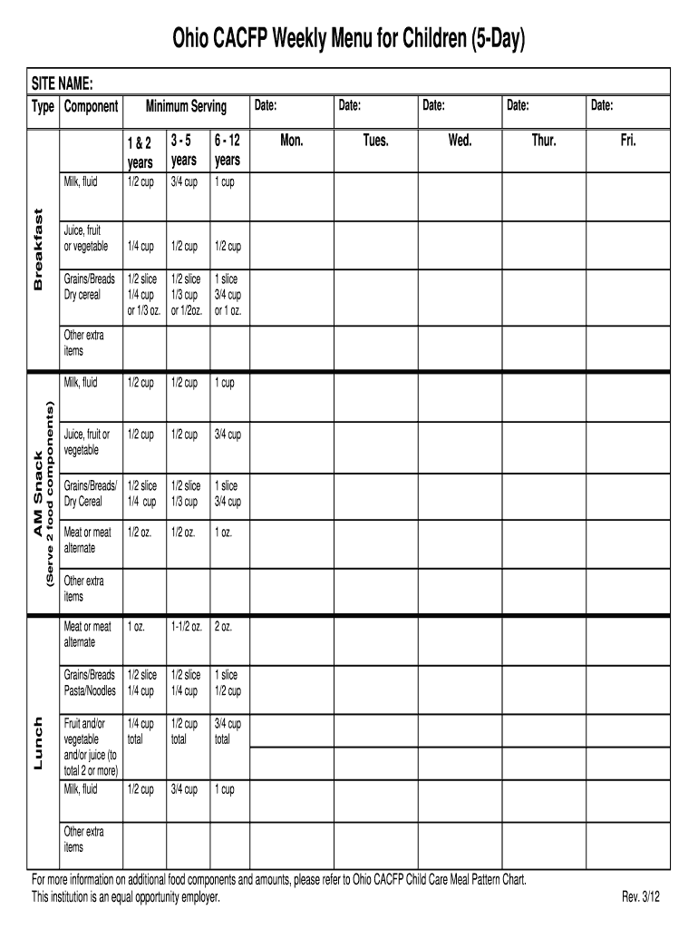 Cacfp Infant Menu Template Fill Online Printable Fillable Blank PdfFiller