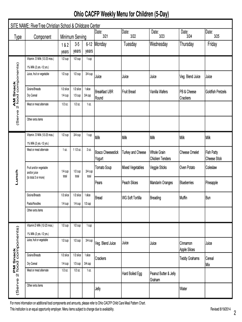 Cacfp Menu Template Fill Online Printable Fillable Blank PdfFiller