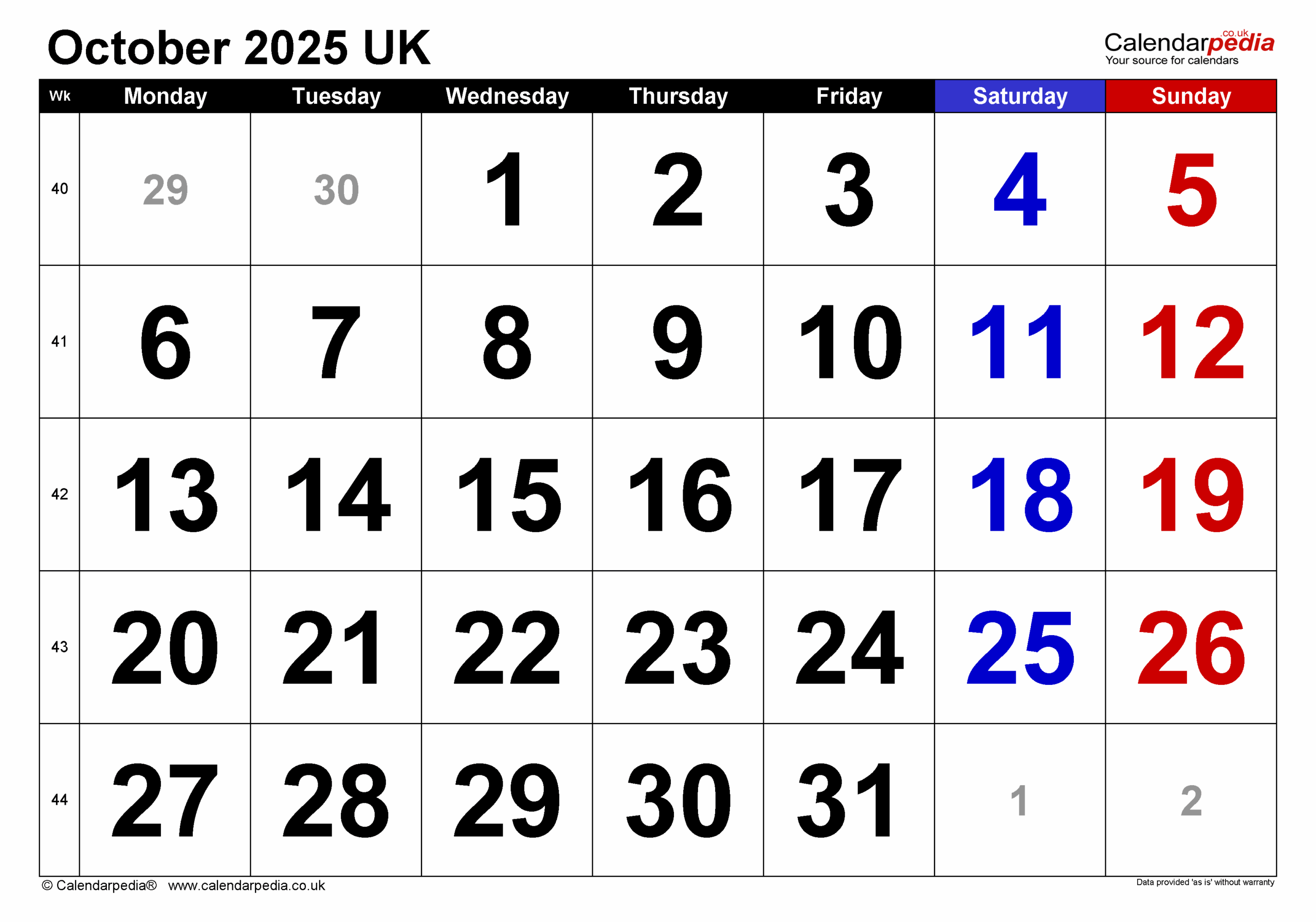 Blank Calendar Oct 2025