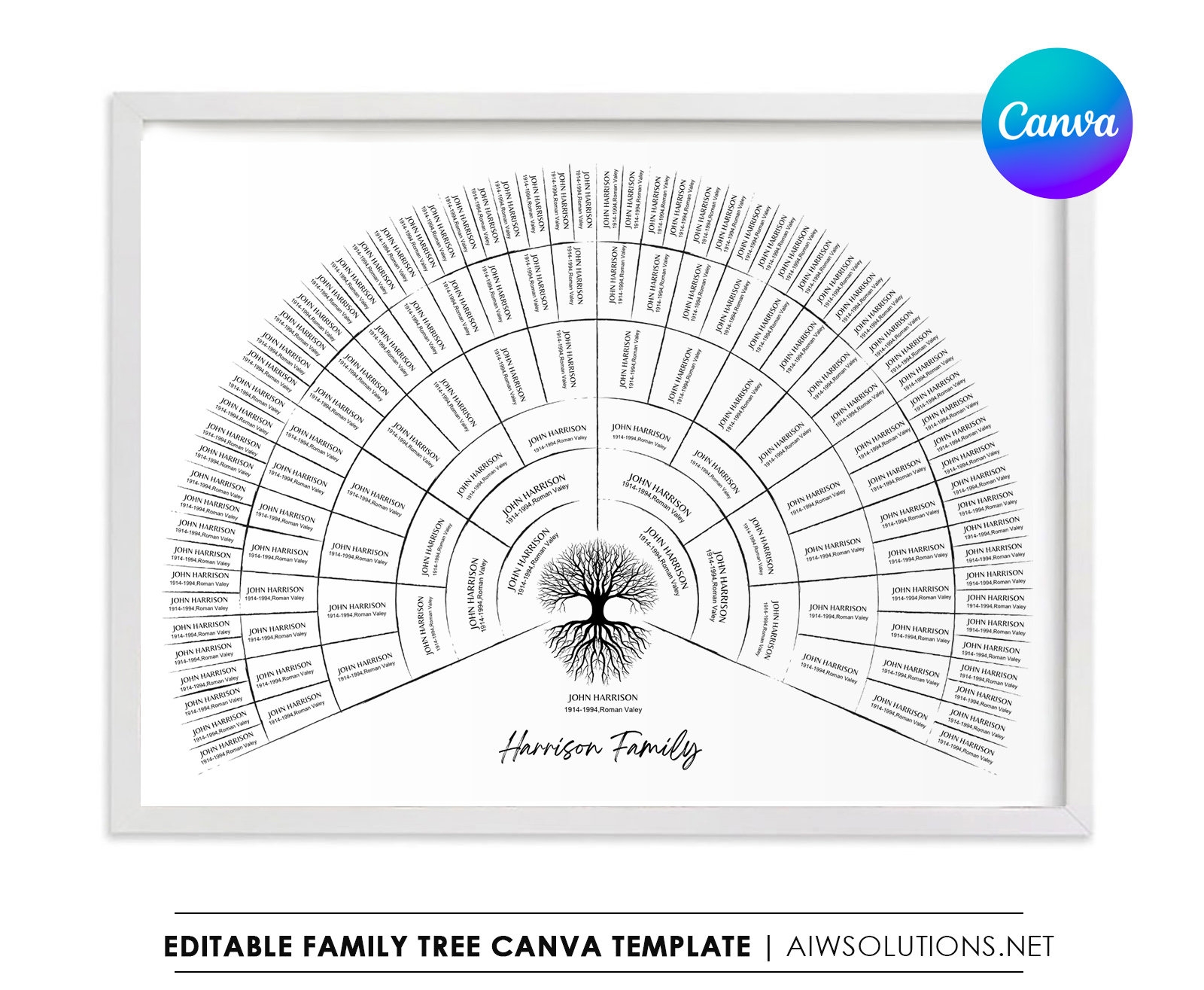 Canva Family Tree 7 Generations Template Editable Fan Chart Template Genealogy Reunion Modern Family Tree Modern Genealogy Etsy