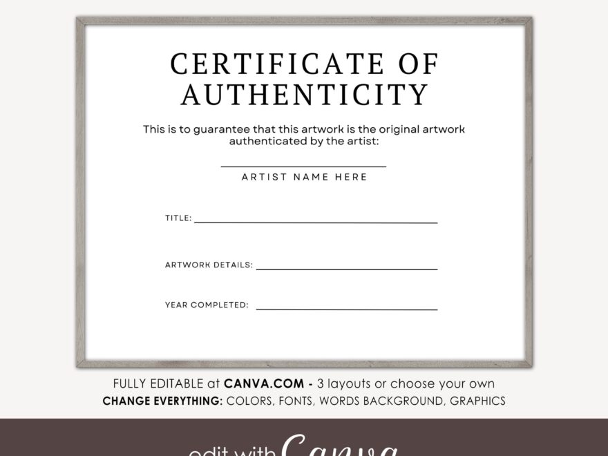 Certificate Of Authenticity Template Canva Editable Printable Document 11x8 5 Instant Download Modern Minimalist Add Logo Etsy