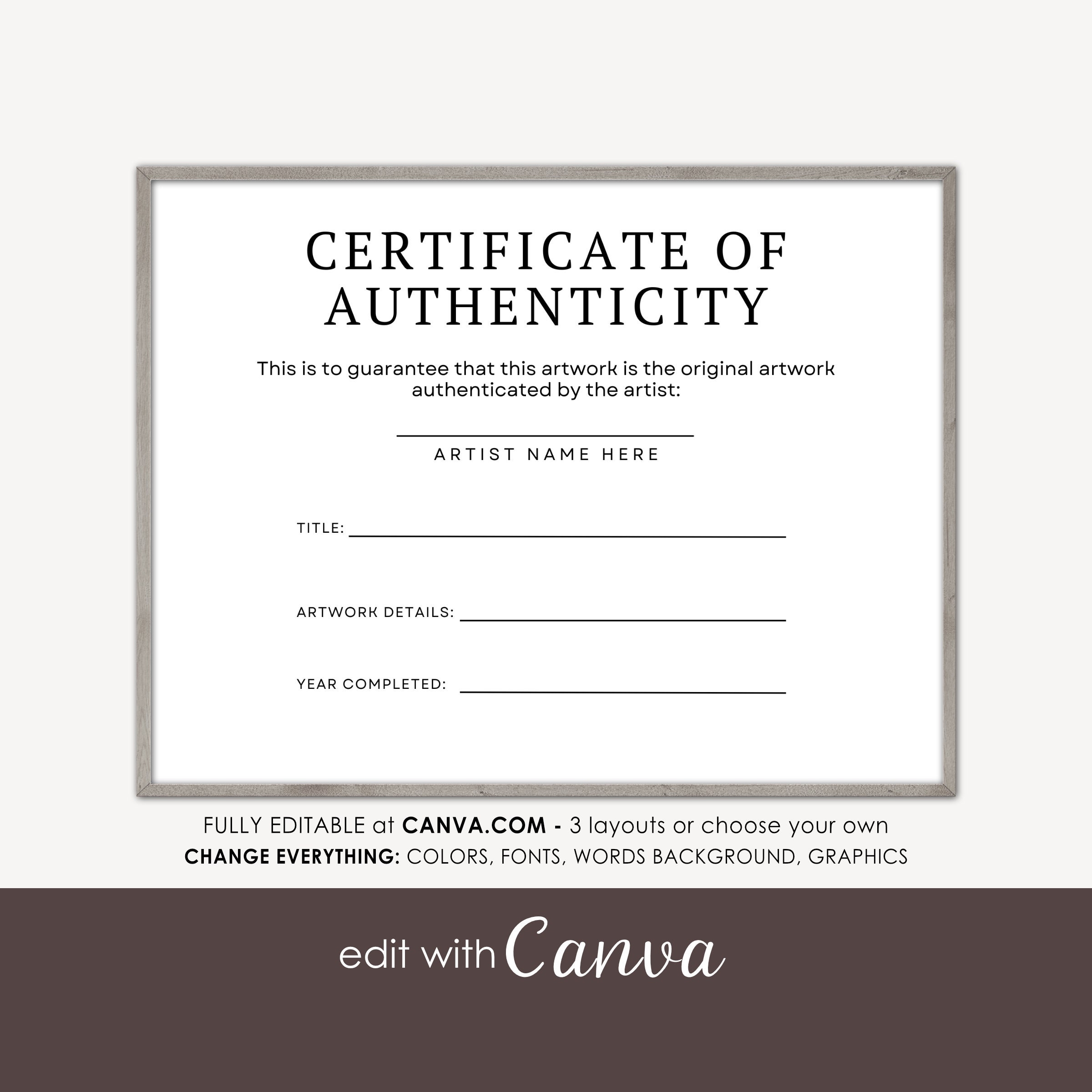 Certificate Of Authenticity Template Canva Editable Printable Document 11x8 5 Instant Download Modern Minimalist Add Logo Etsy