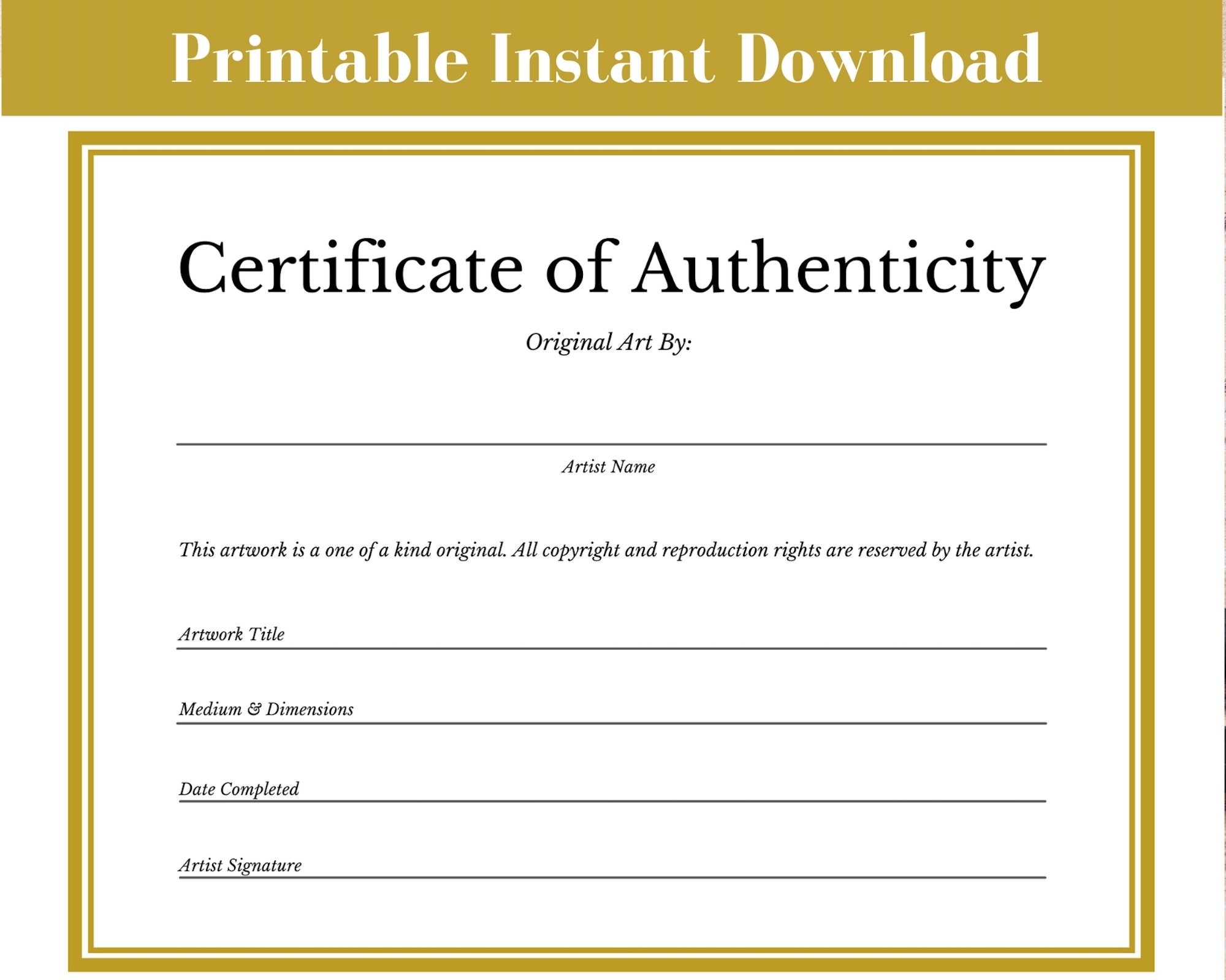 Certificate Of Authenticity Template Instant Download Printable Art Certificates Etsy