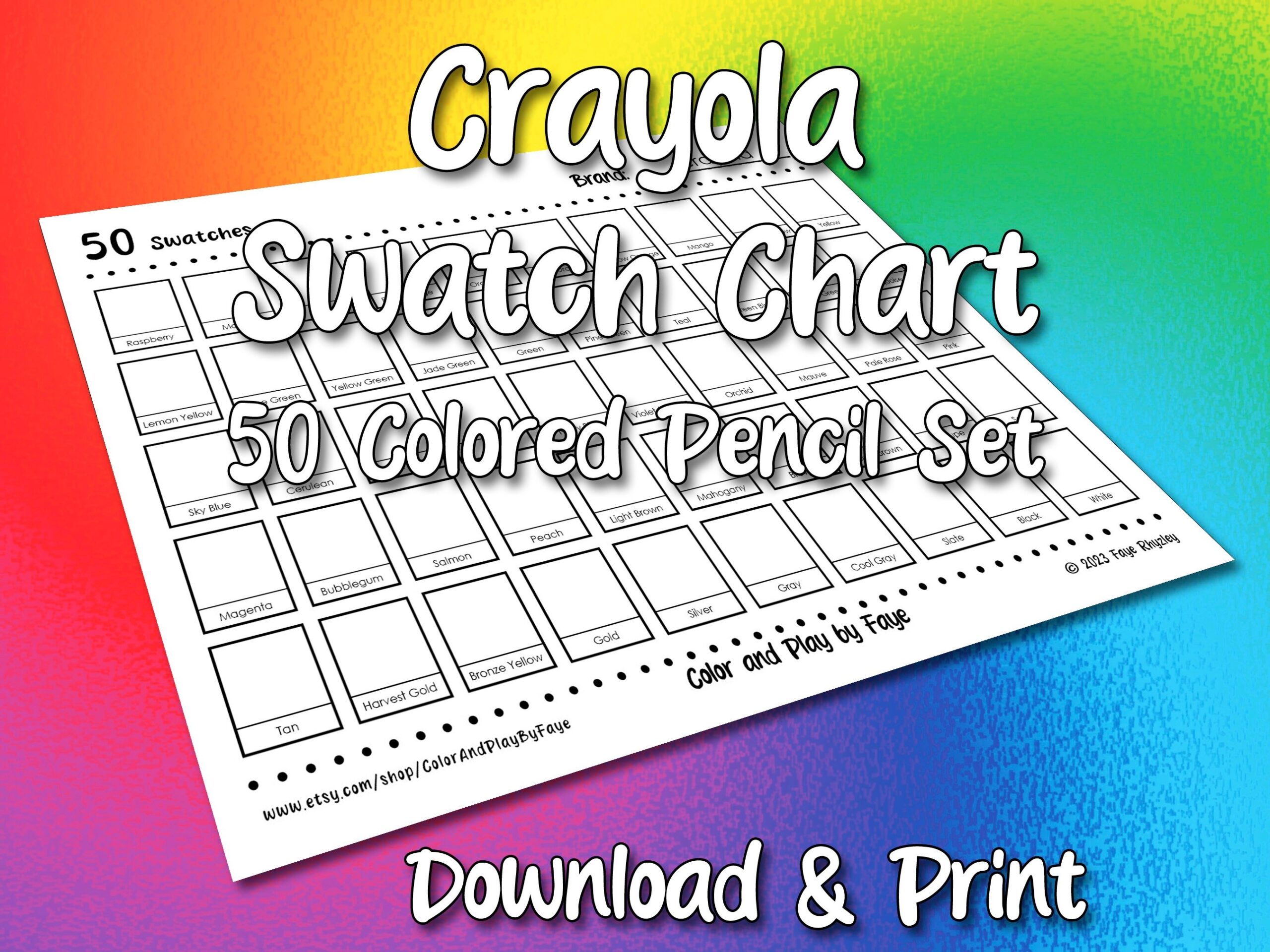 Crayola 50 Swatch Chart For Colored Pencil Set DIY Printable PDF Color Chart Swatch Page US Letter A4 Size Paper Etsy