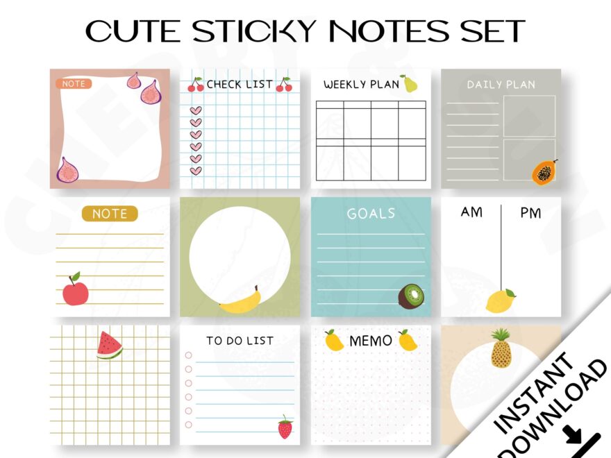 Cute Sticky Notes Set Printable Notepad Journal Bujo Daily Weekly Plan Memo Planner Cards Fruits Design Note Etsy