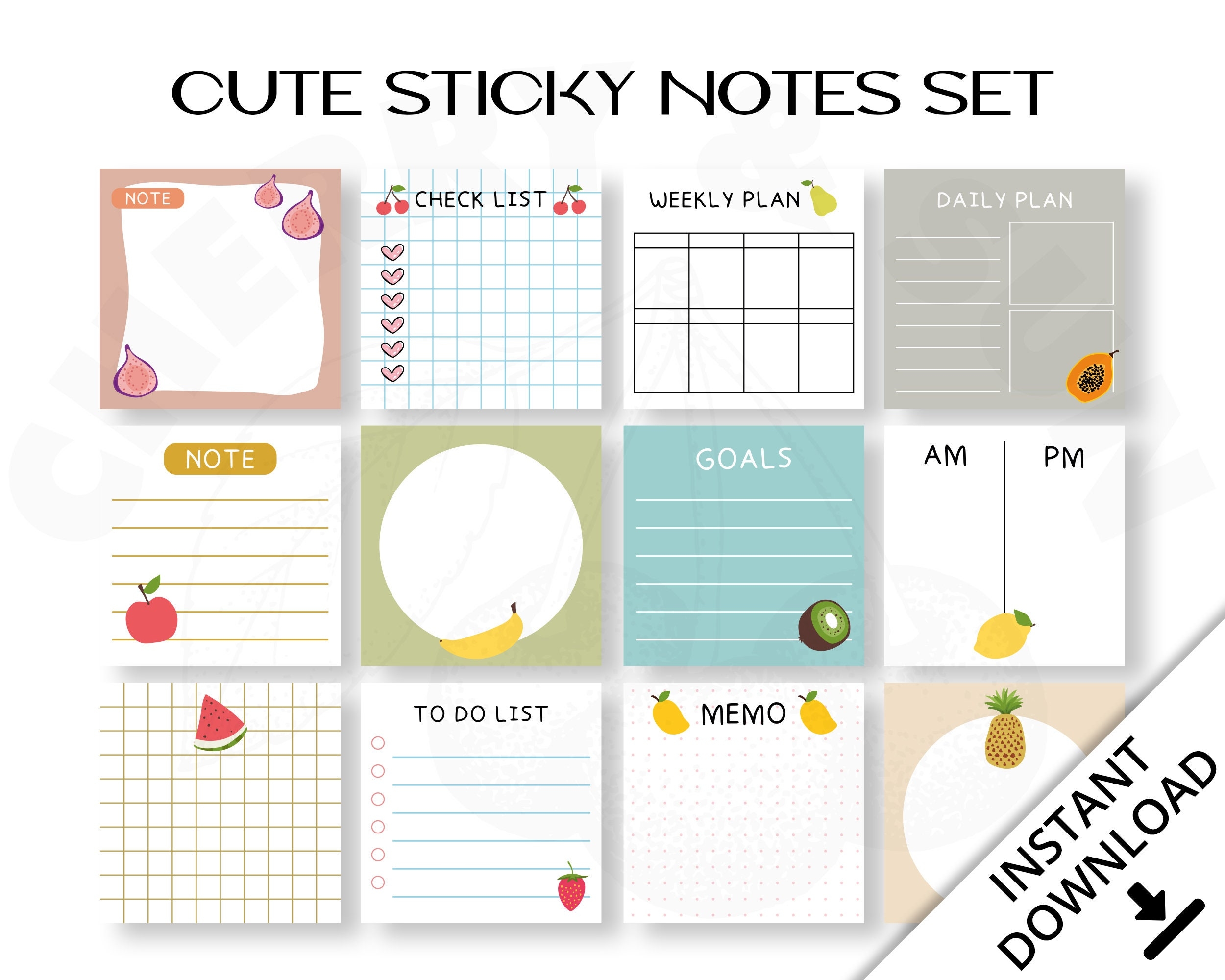 Cute Sticky Notes Set Printable Notepad Journal Bujo Daily Weekly Plan Memo Planner Cards Fruits Design Note Etsy