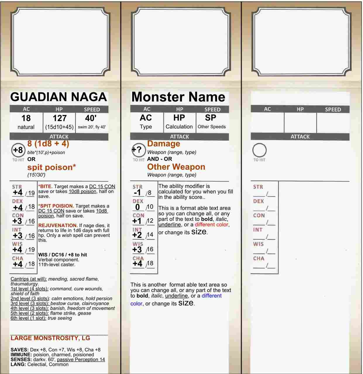 D D 5E Fillable Monster Cards Dungeon Master Assistance