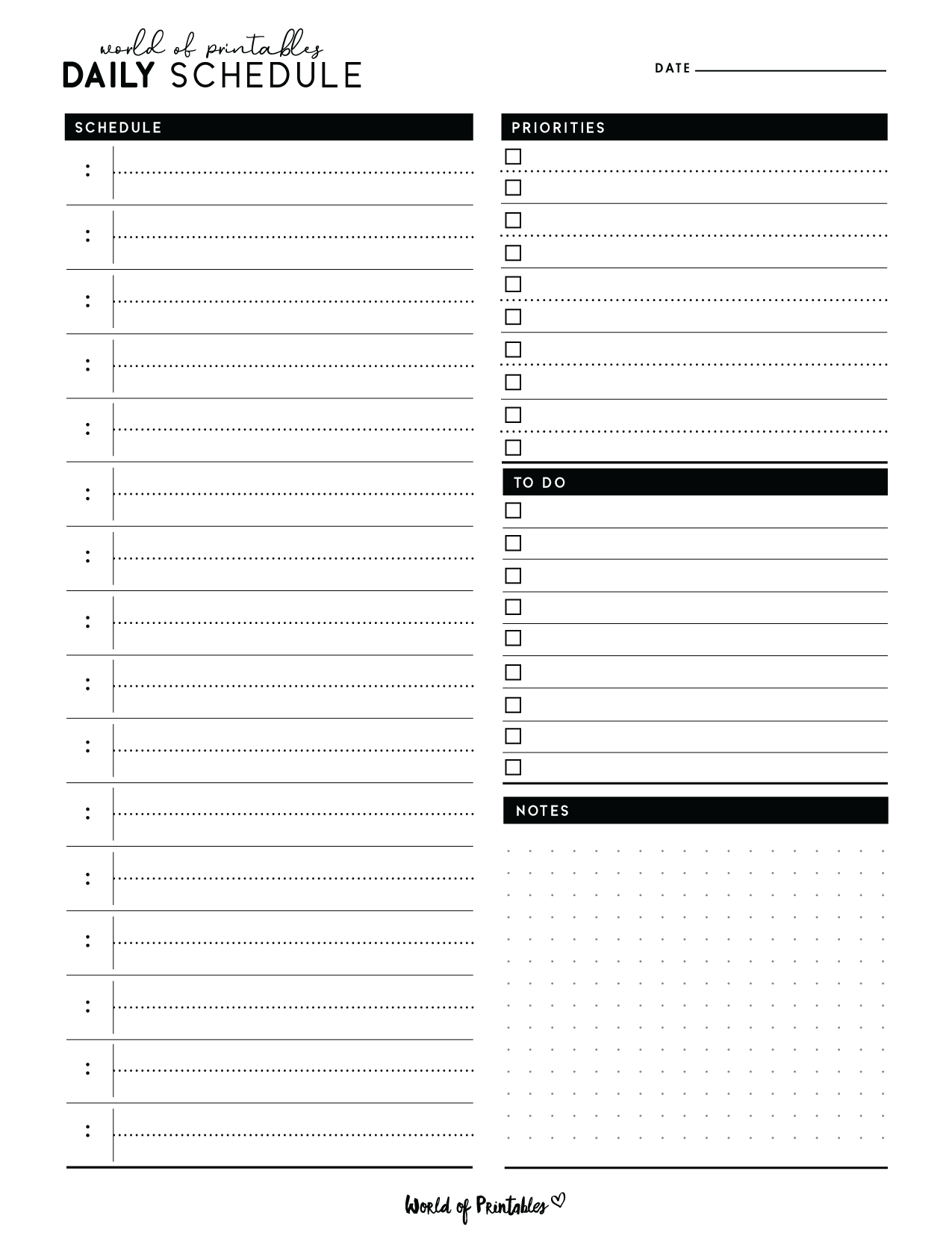Printable Blank Daily Schedule Template