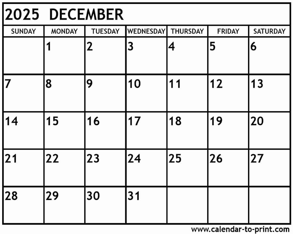 Blank Calendar Dec 2025 Printable