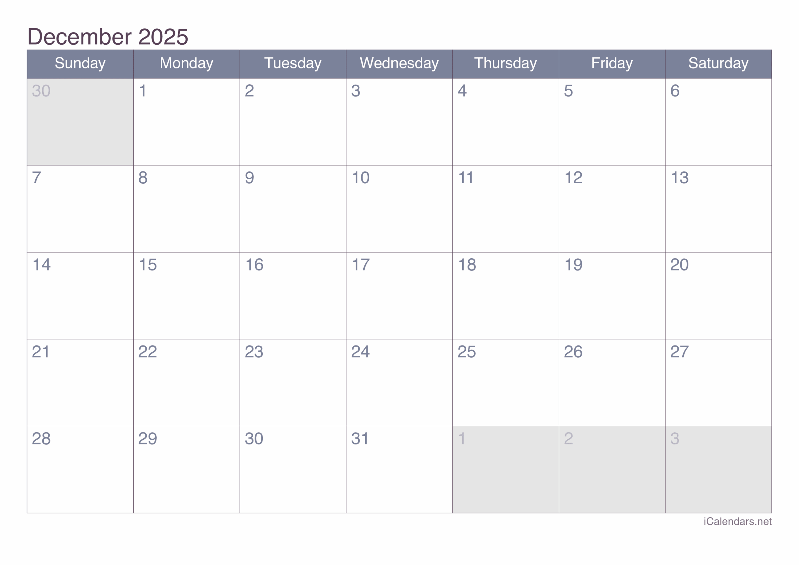 Blank Calendar Dec 2025