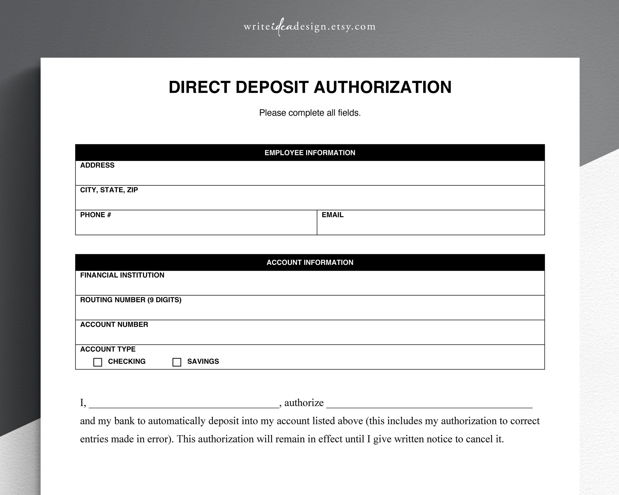 Printable Blank Direct Deposit Form