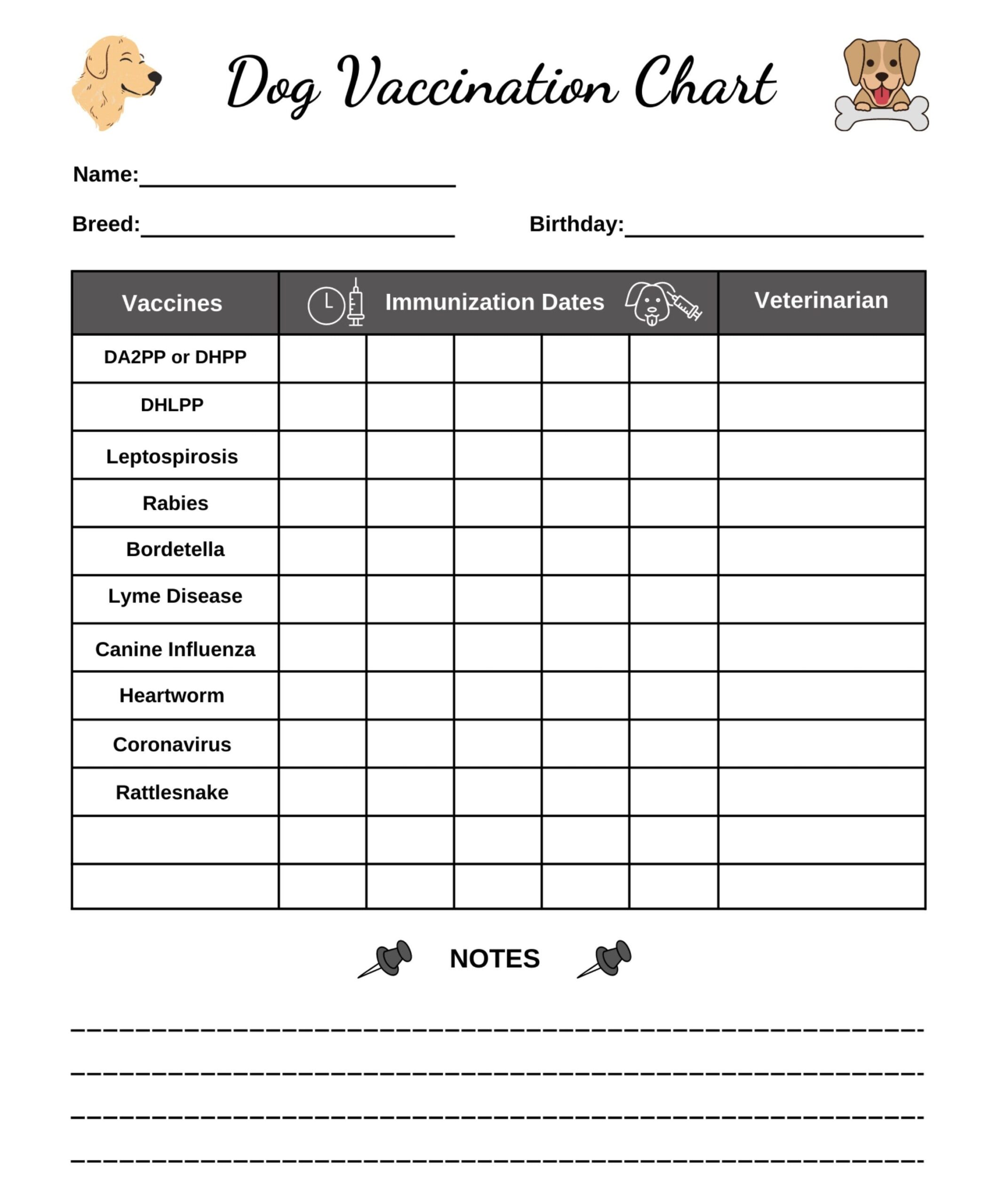 Dog Vaccination Chart Printable Dog Vaccine Immunization Dog Health Puppy Vaccinations Etsy