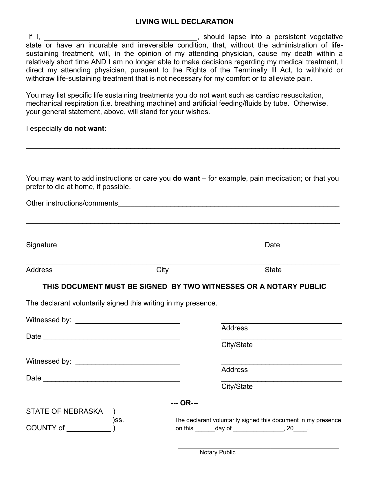 Download Nebraska Living Will Form Advance Directive PDF FreeDownloads