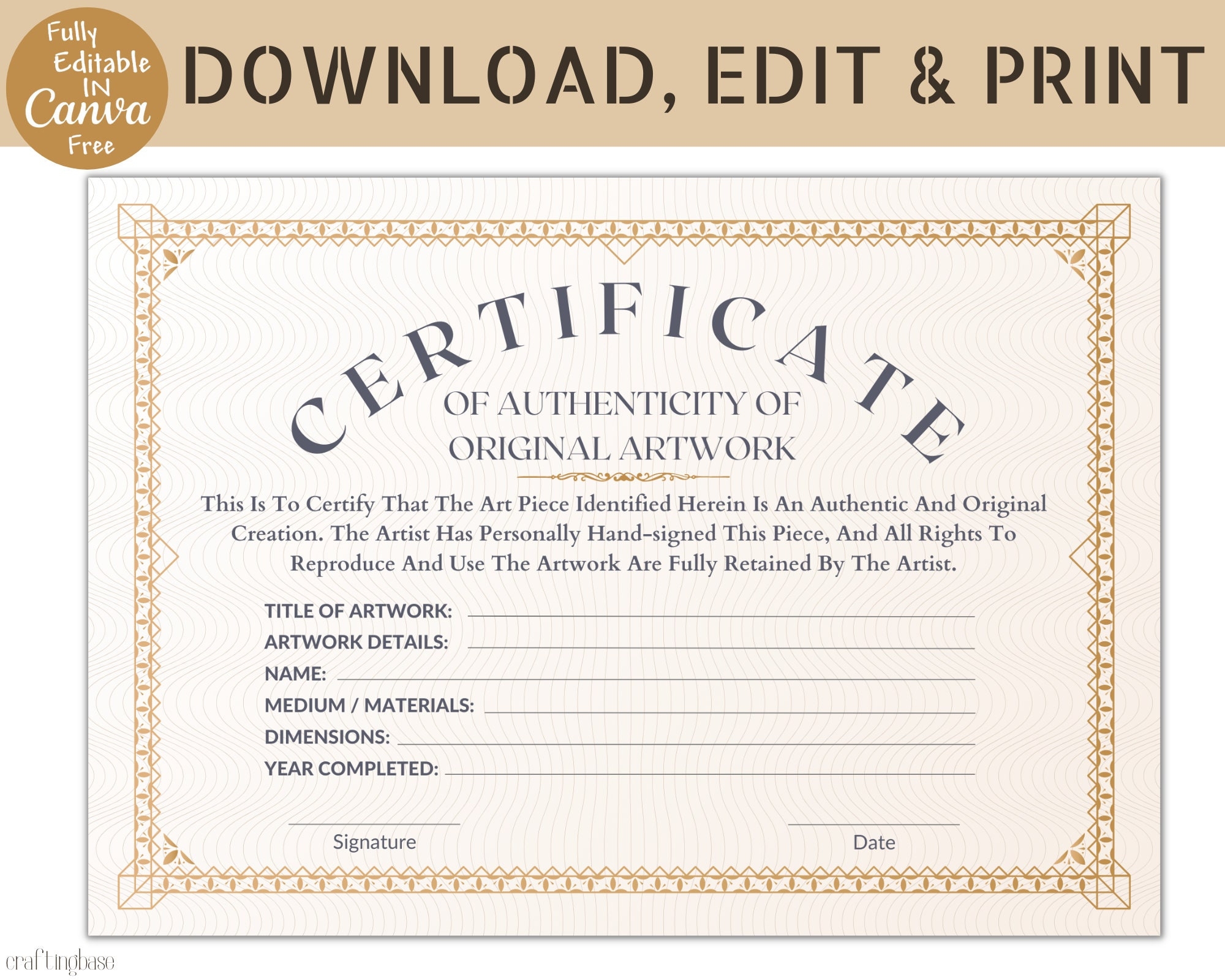 Editable Certificate Of Authenticity For Artwork Artwork Certificate Canva Template Instant Digital Download Etsy Norway